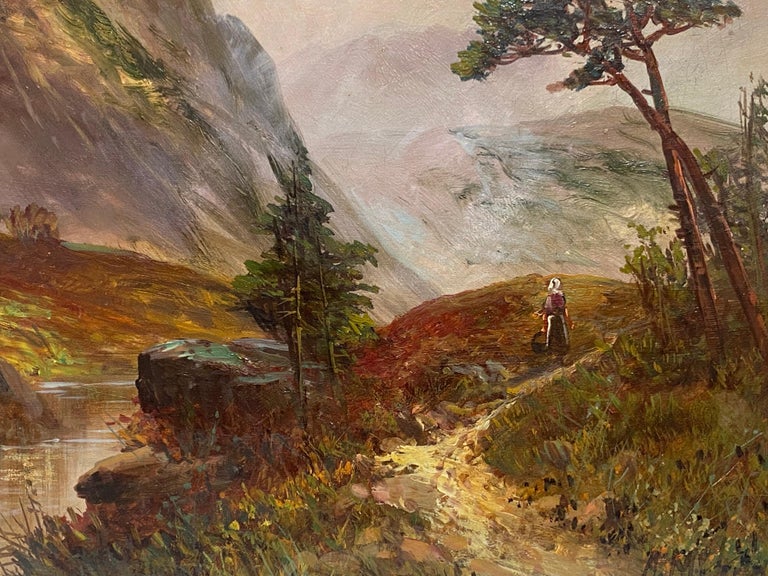 Antique Scottish Highlands Oil Painting Golden Light Landscape with Mountains For Sale 1