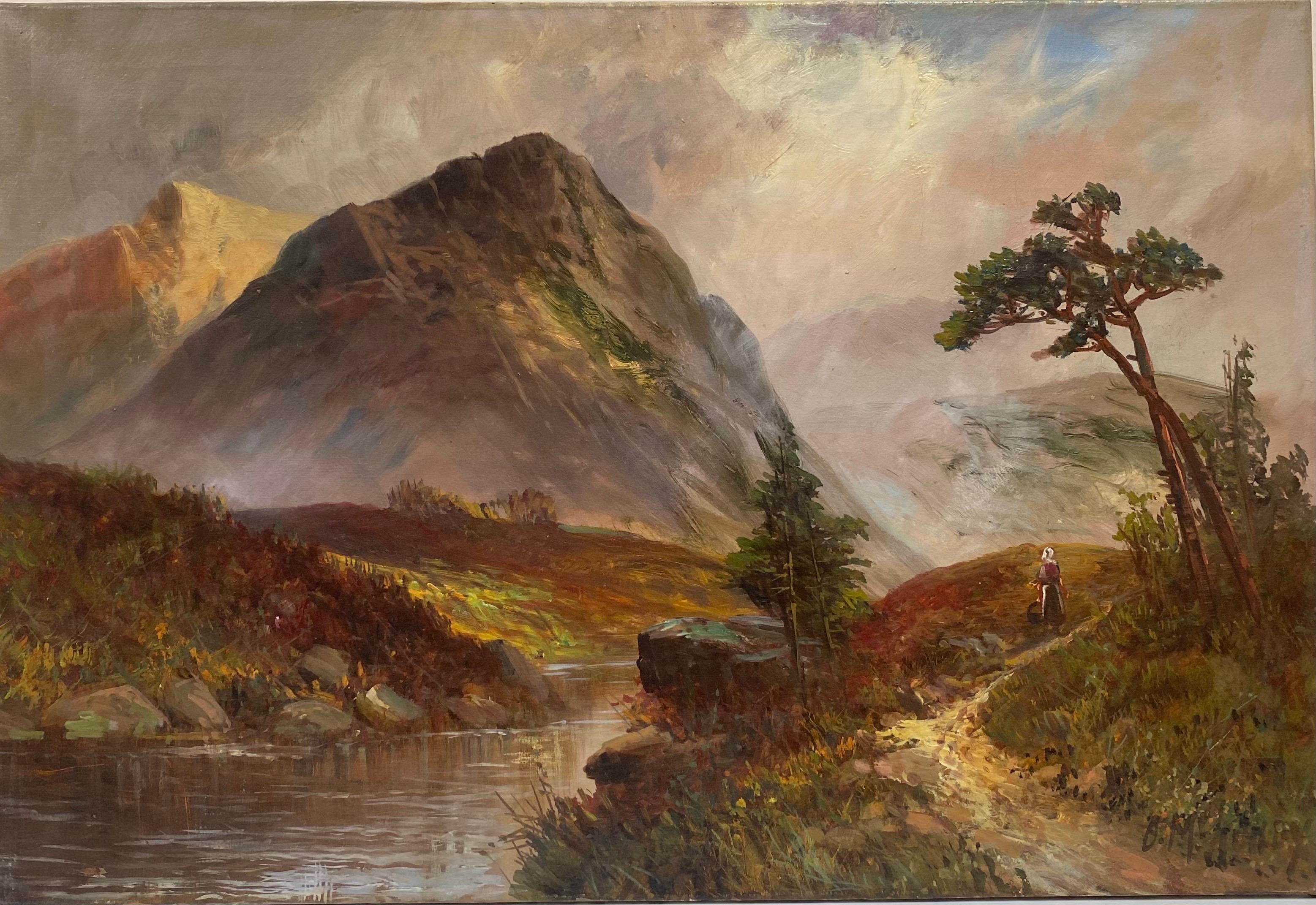 Antique Scottish Highlands Oil Painting Golden Light Landscape with Mountains