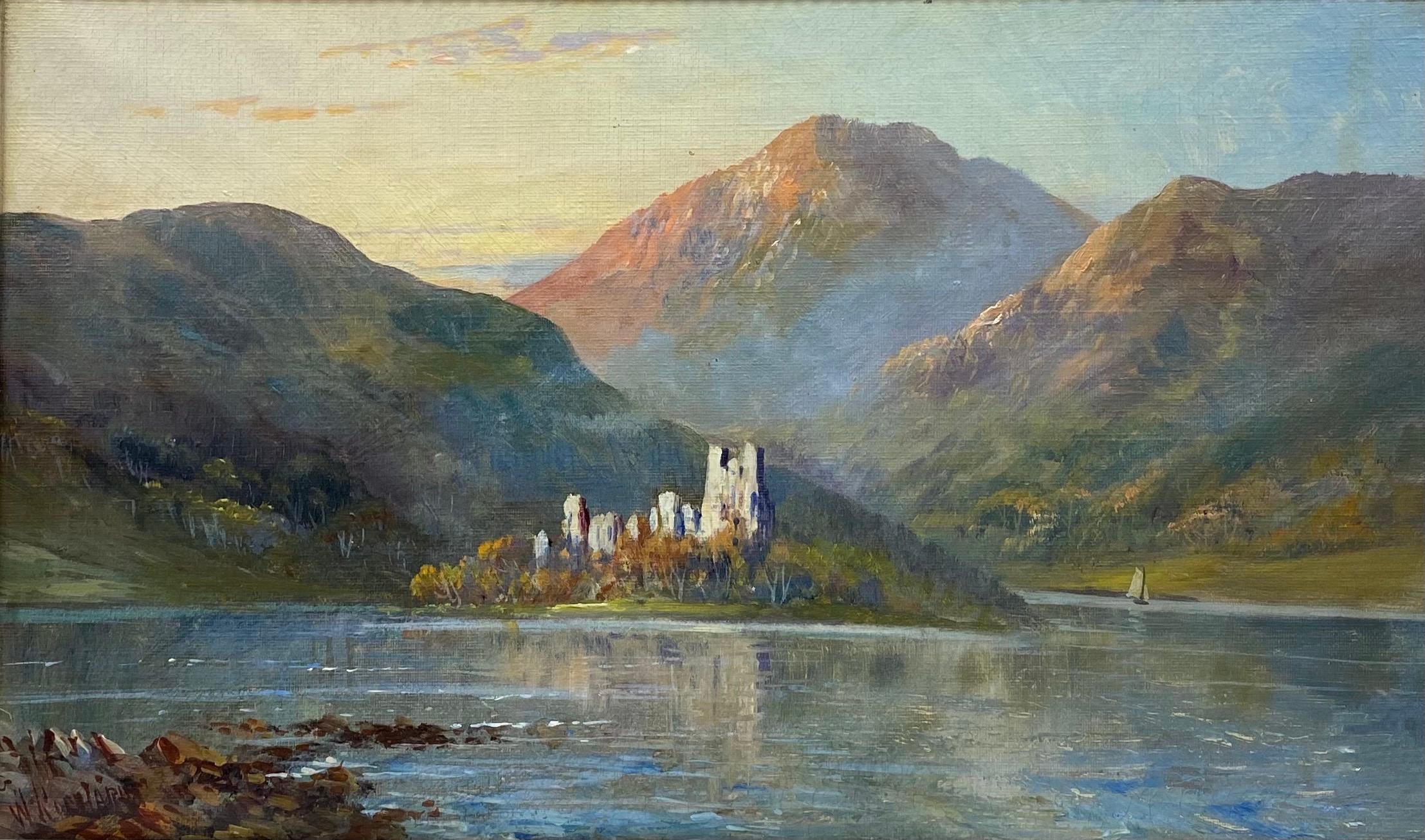 Francis E. Jamieson Figurative Painting - Antique Scottish Highlands Oil Painting Kilchurn Castle Loch Awe