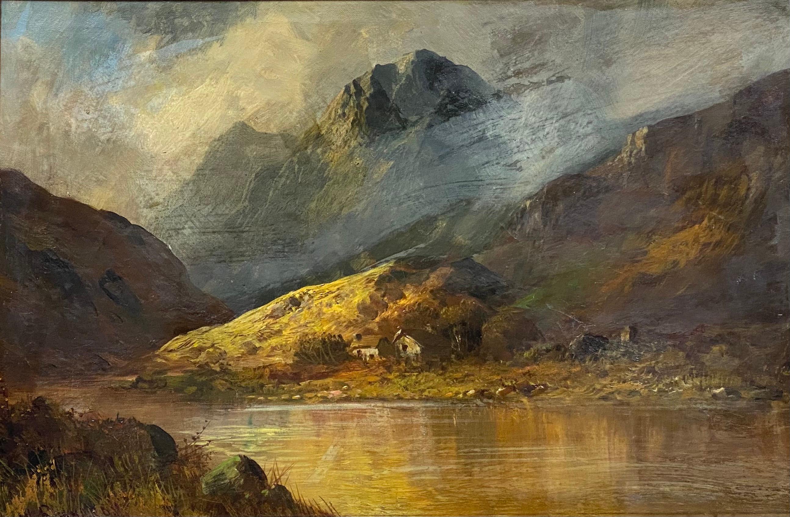 Francis E. Jamieson Figurative Painting - Antique Scottish Highlands Oil Painting Misty River Landscape Perthshire