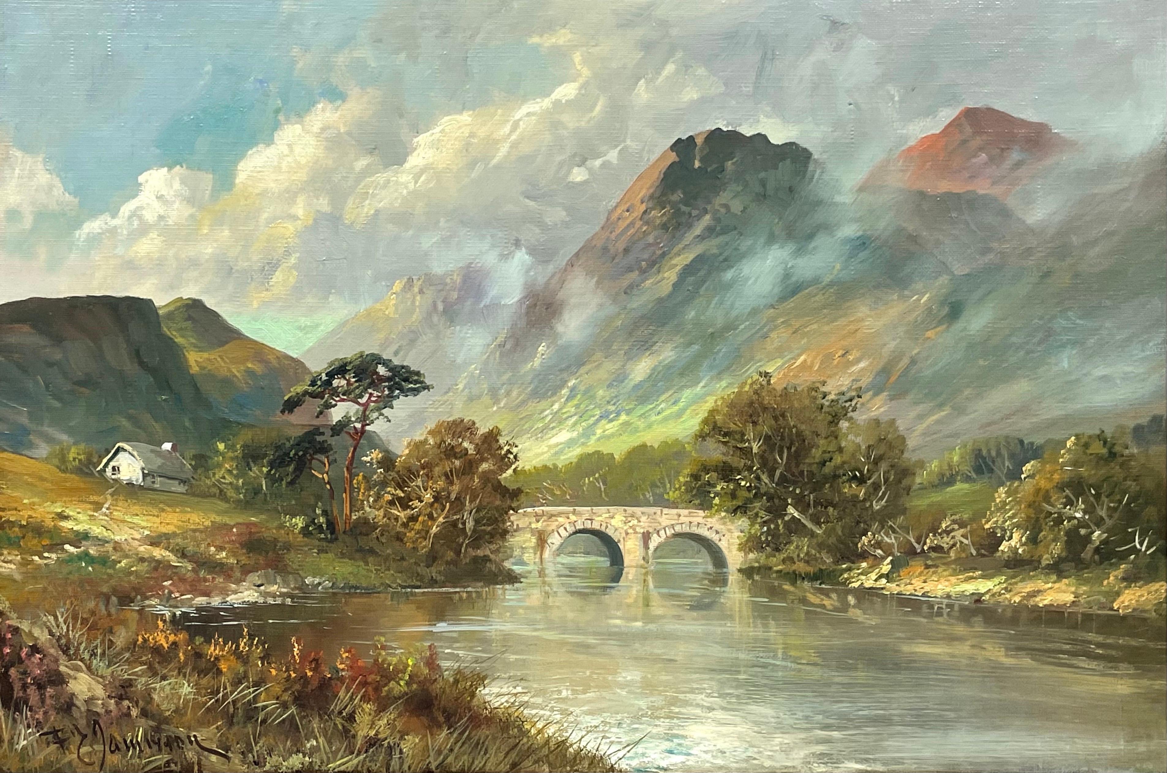 Landscape Painting di Francis E. Jamieson - Antico dipinto ad olio delle Highlands scozzesi Fiume e montagne Vecchio ponte di pietra