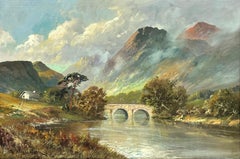 Antique Scottish Highlands Oil Painting River & Mountains Old Stone Bridge
