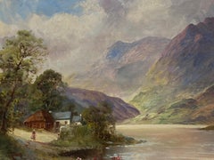 Antique Scottish Highlands Oil Painting Summer Loch Landscape with Mountains