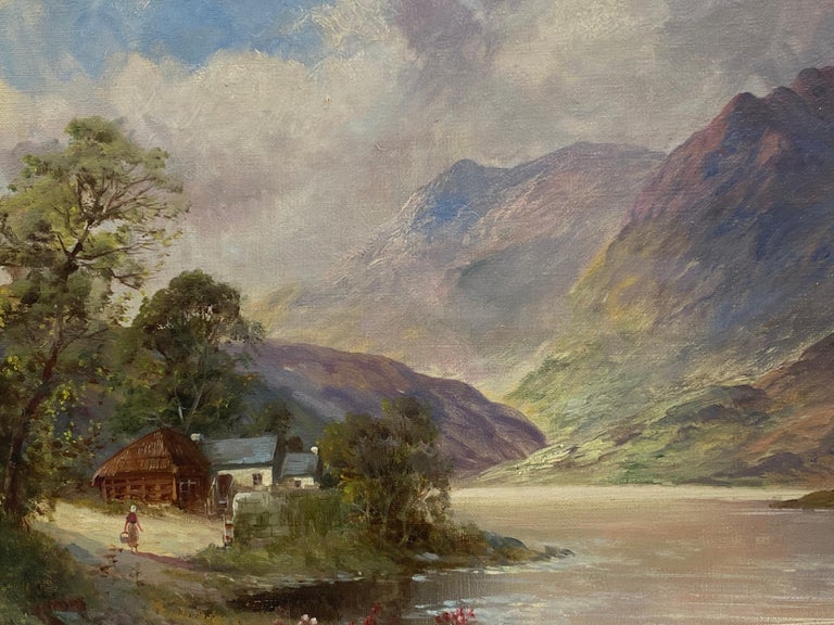 Antique Scottish Highlands Oil Painting Summer Loch Landscape with Mountains - Gray Landscape Painting by Francis E. Jamieson