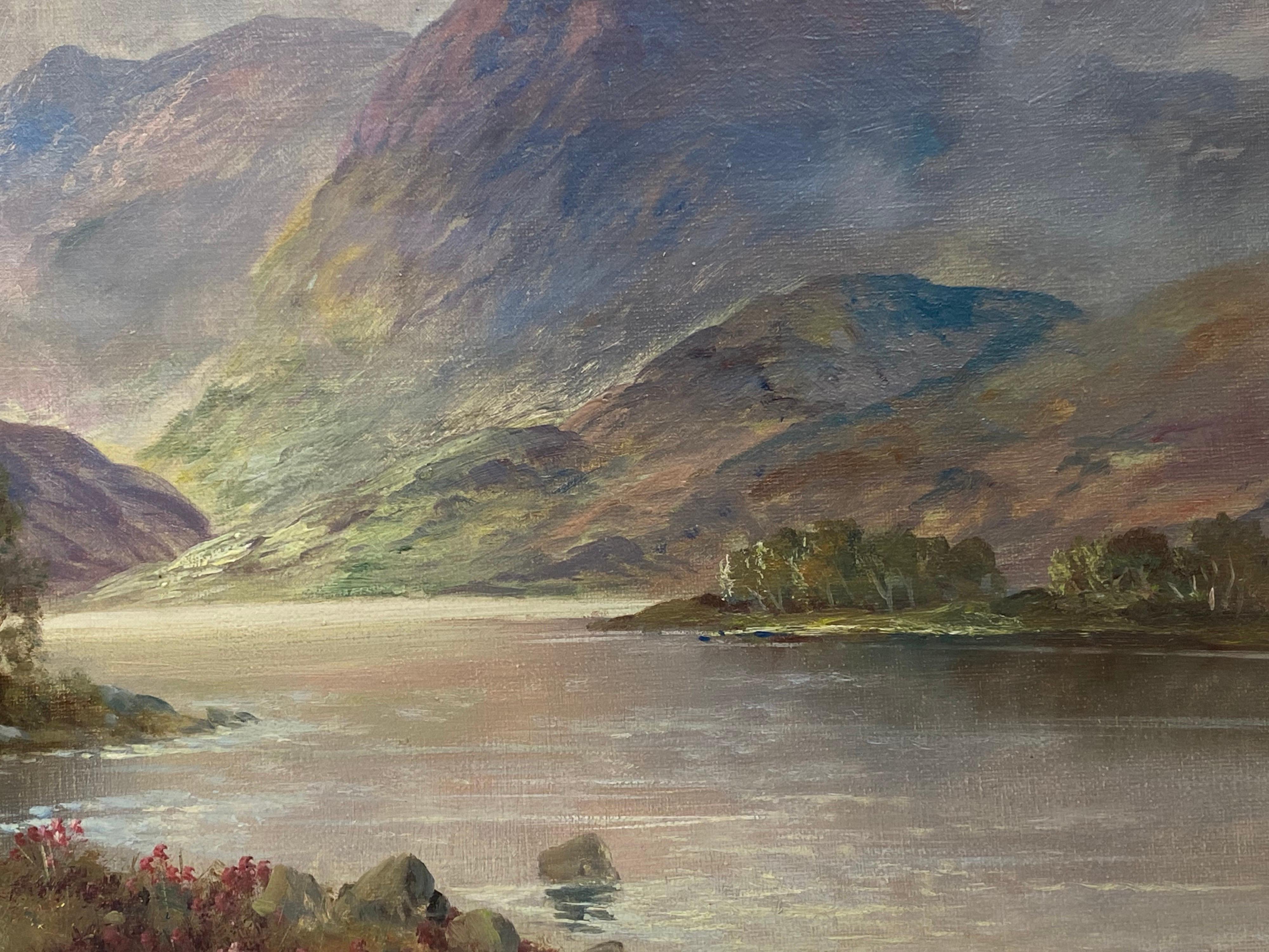 Antique Scottish Highlands Oil Painting Summer Loch Landscape with Mountains - Gray Landscape Painting by Francis E. Jamieson