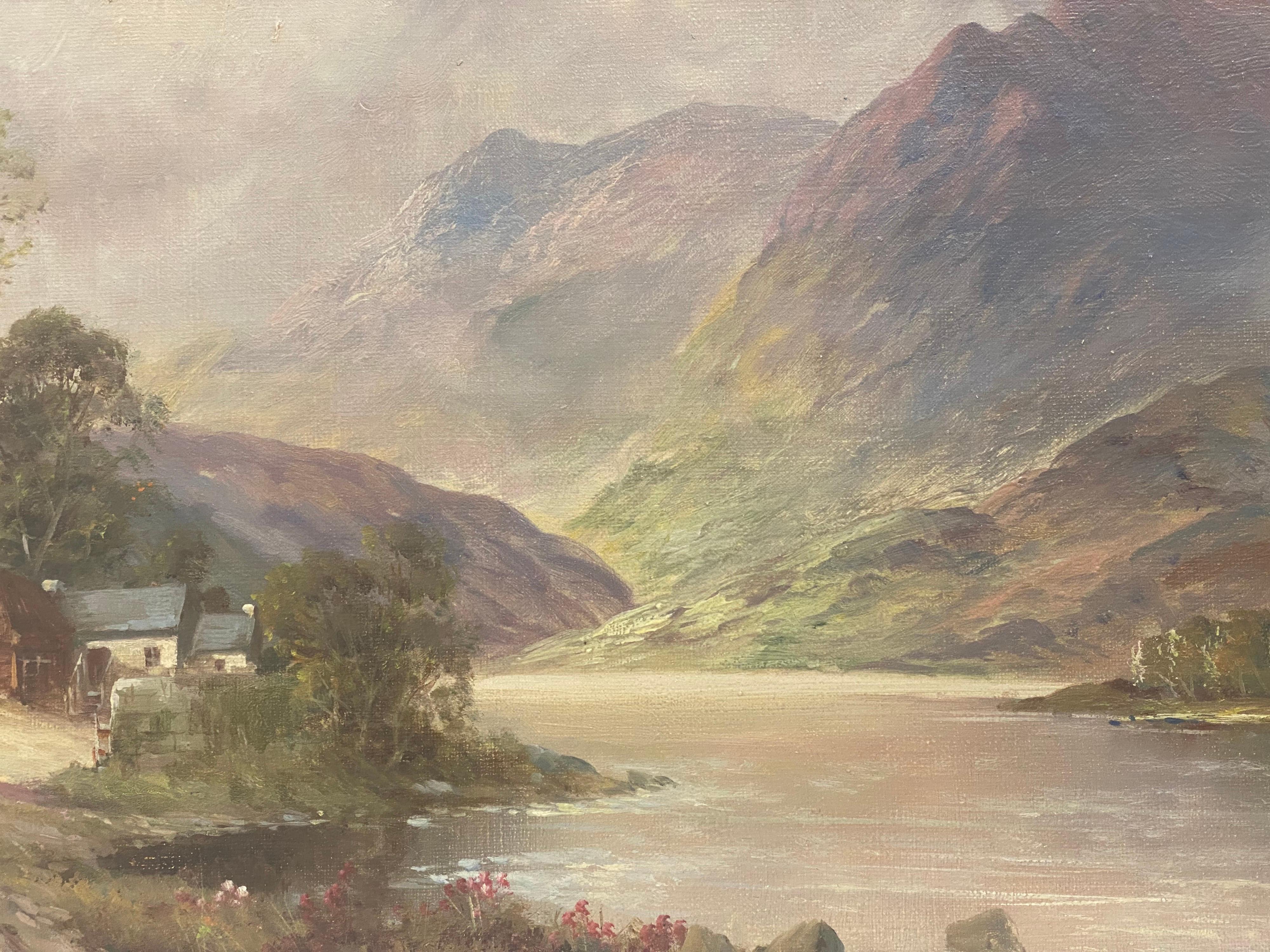 Antique Scottish Highlands Oil Painting Summer Loch Landscape with Mountains For Sale 2