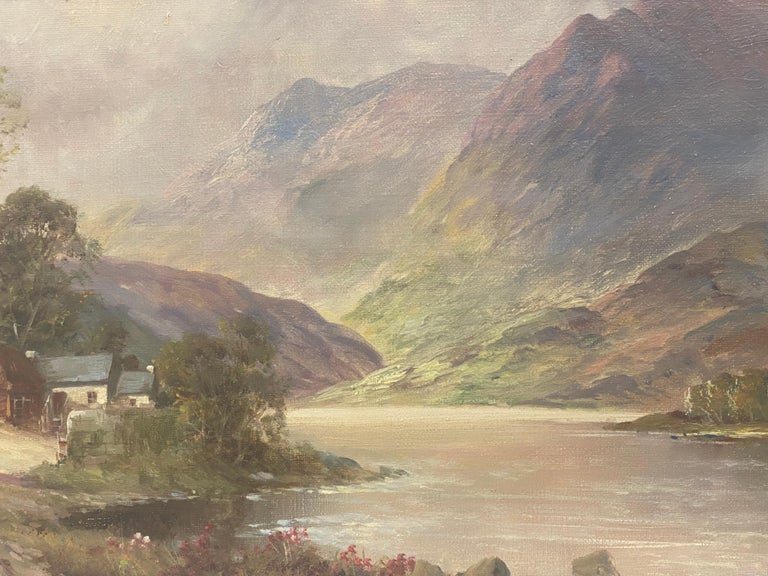 Antique Scottish Highlands Oil Painting Summer Loch Landscape with Mountains For Sale 5