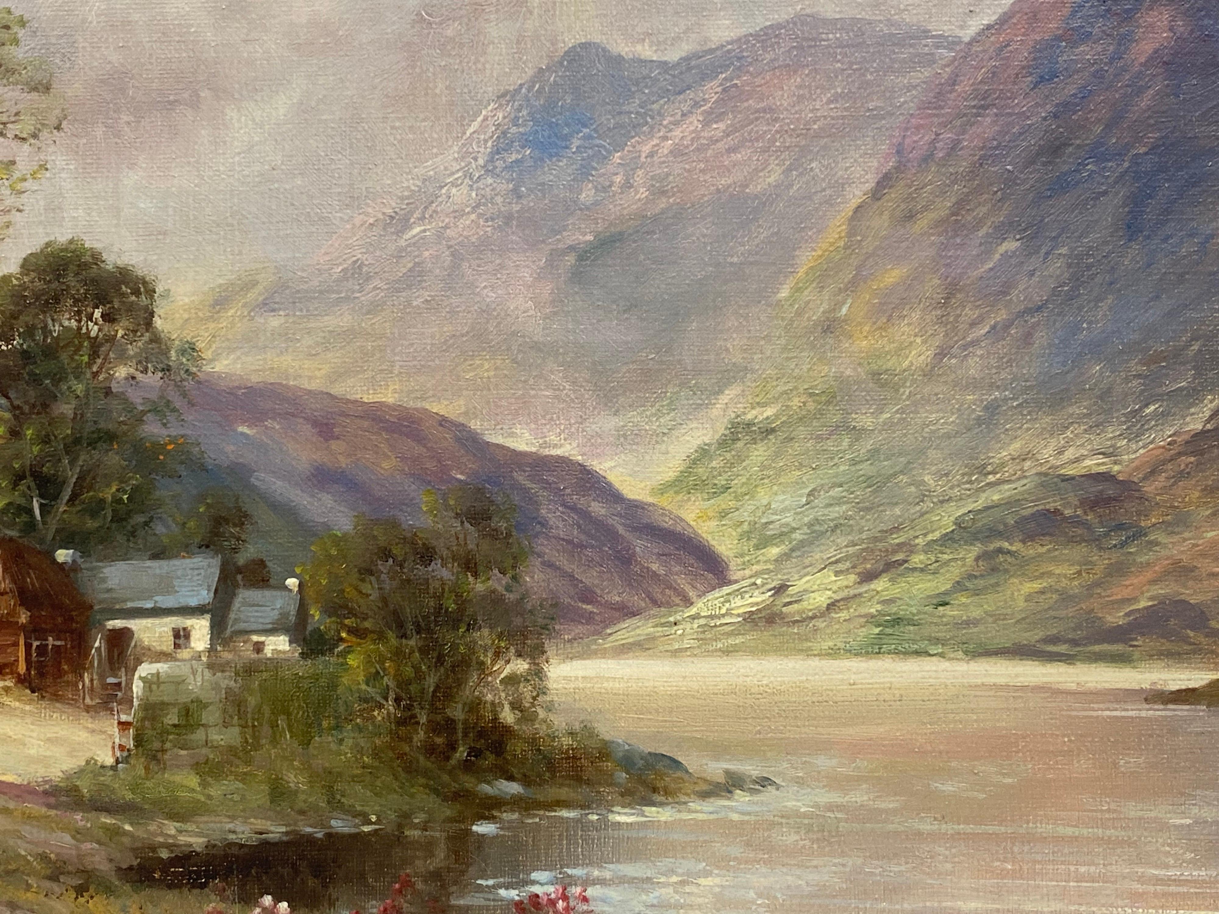 Antique Scottish Highlands Oil Painting Summer Loch Landscape with Mountains 3