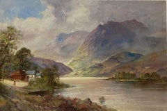 Antique Scottish Highlands Oil Painting Summer Loch Landscape with Mountains