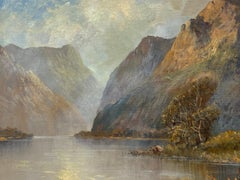 Antique Scottish Highlands Oil Painting Summer Loch Scene with Mountains