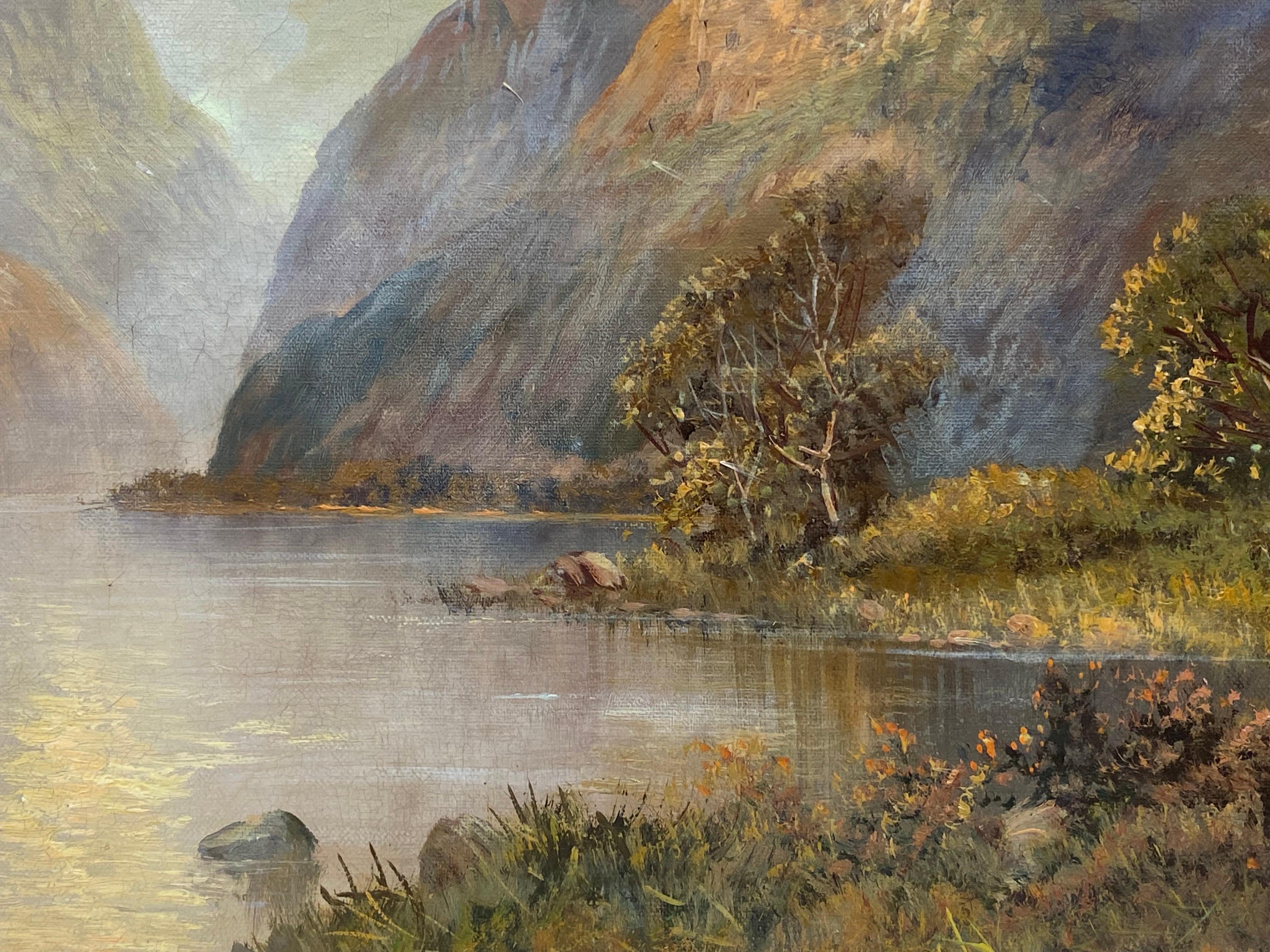 Antique Scottish Highlands Oil Painting Summer Loch Scene with Mountains - Gray Figurative Painting by Francis E. Jamieson