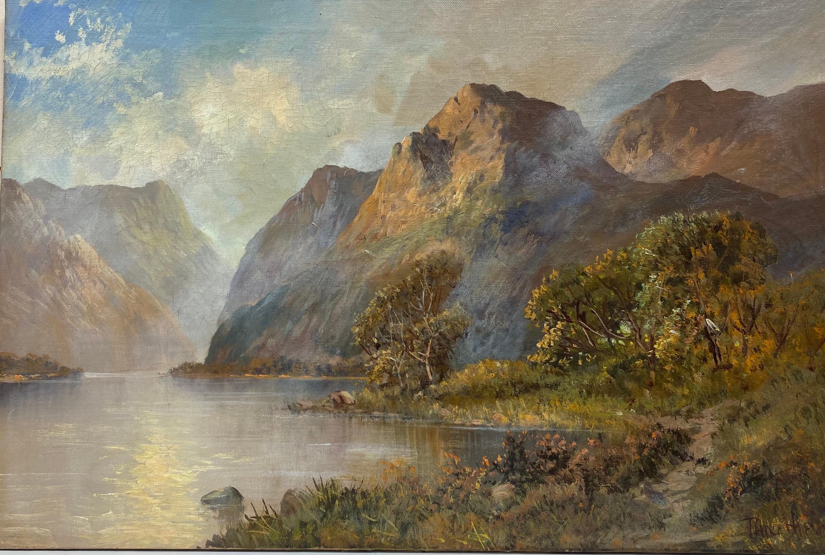 Ancienne peinture à l'huile des Highlands écossais, Scène de Lochs d'été avec montagnes