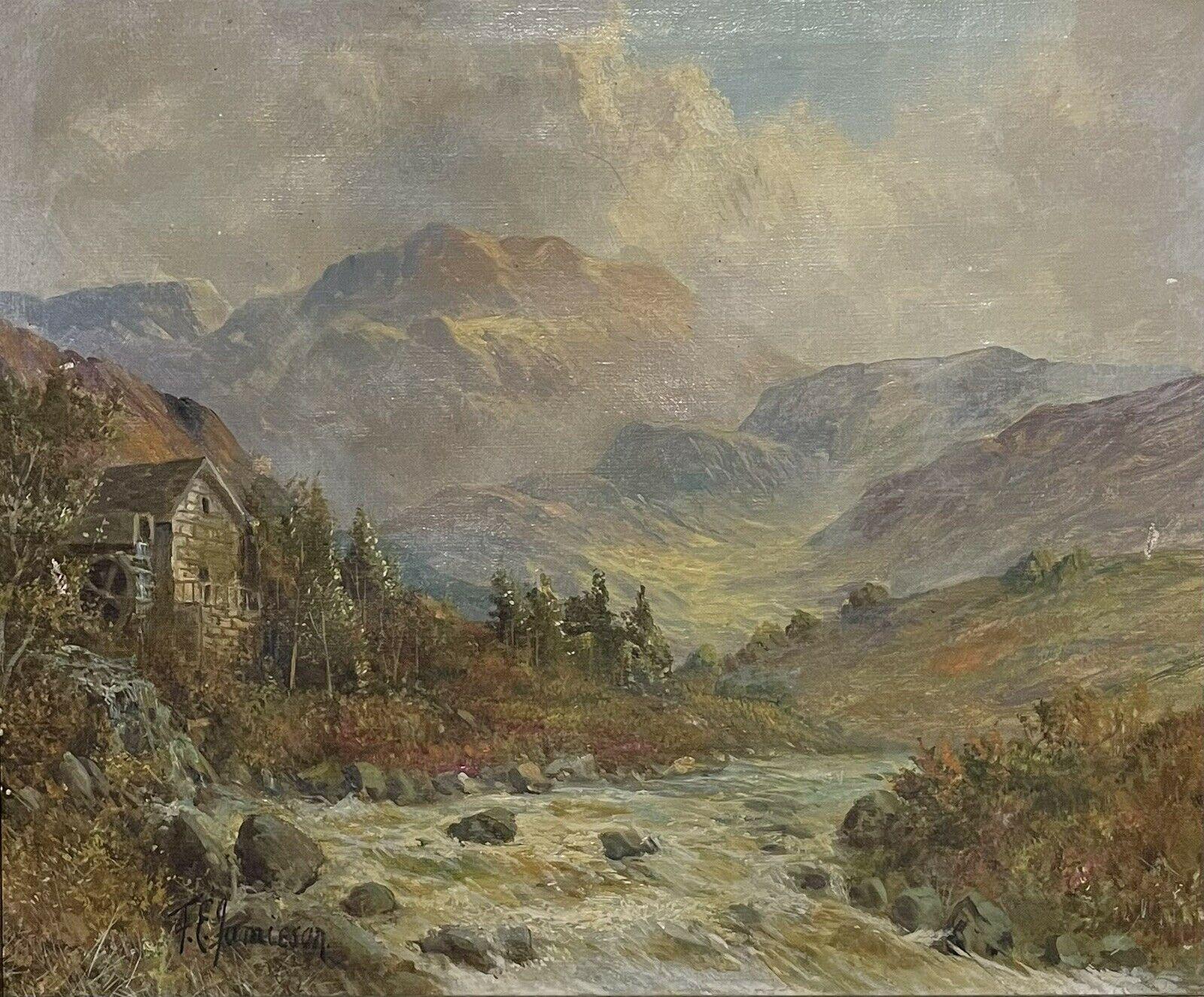 Ancienne peinture à l'huile des Highlands écossais, paysage de rivière d'été, signée 