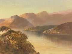 Antique Scottish Highlands Oil Painting Sunset Extensive Loch Landscape Scene