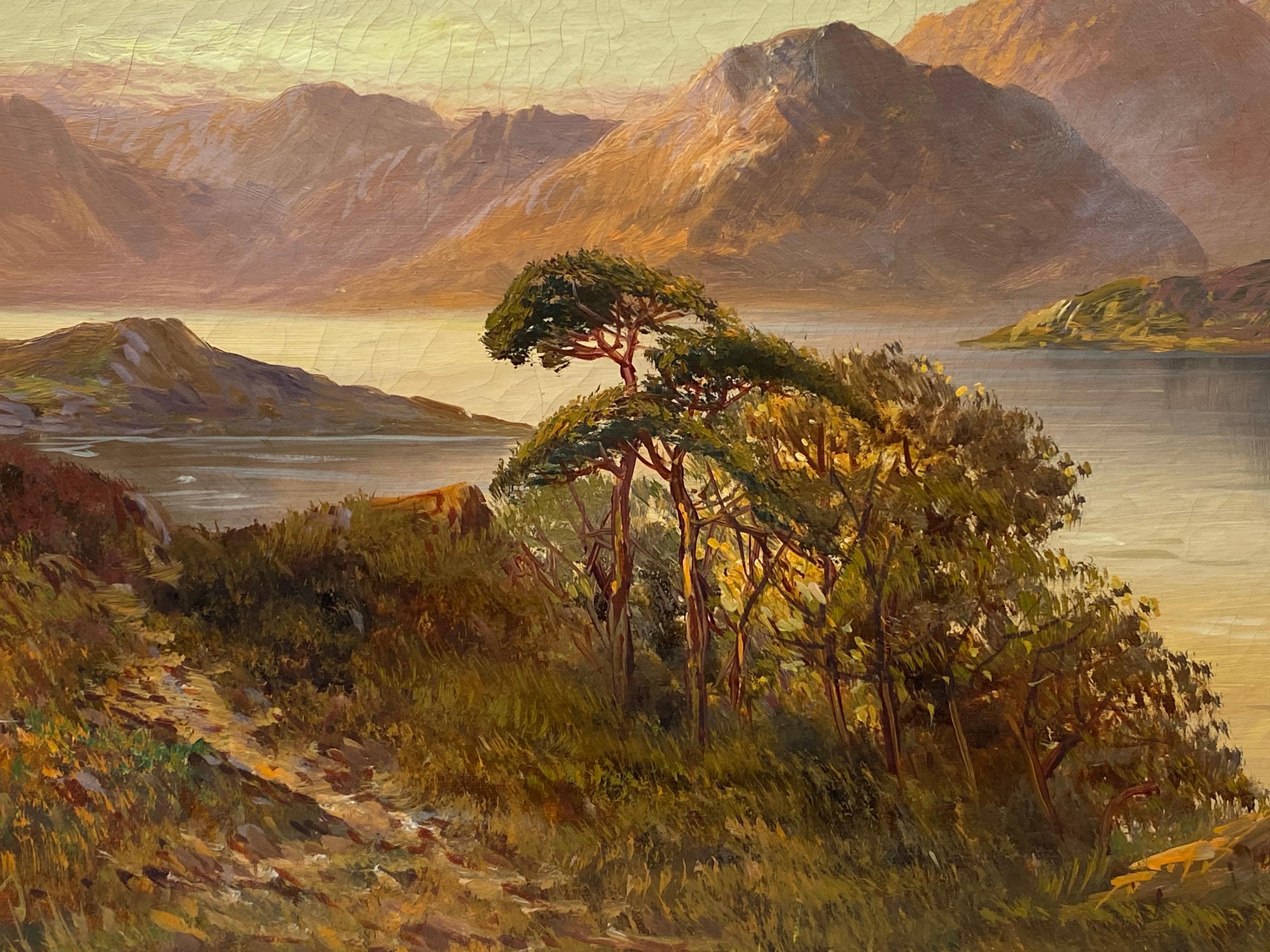 Antigua Pintura al Óleo de las Tierras Altas Escocesas Puesta de Sol Extensa Escena de Paisaje en un Loch - Figurative Painting Marrón de Francis E. Jamieson