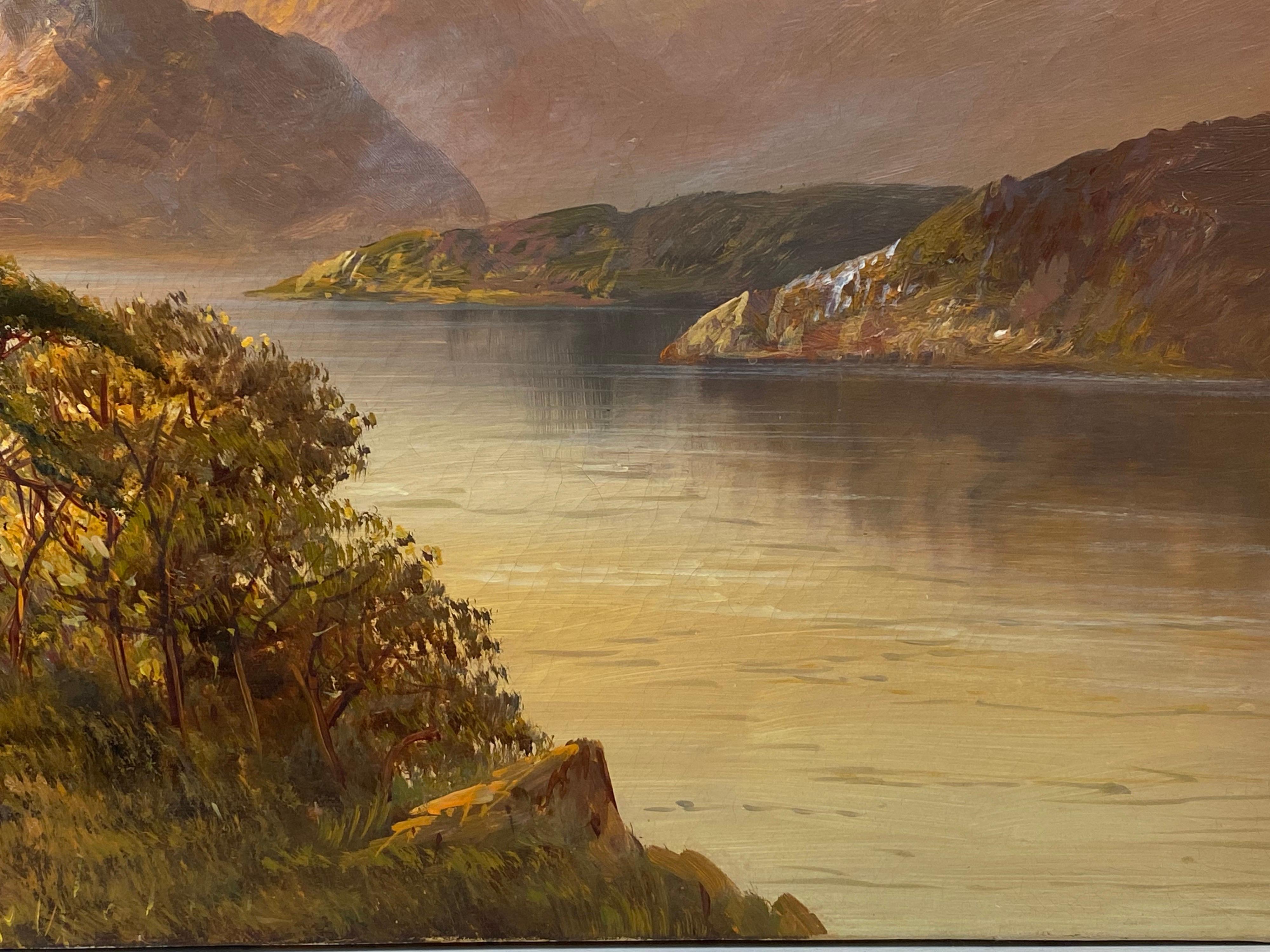 Antique Scottish Highlands Oil Painting Sunset Extensive Loch Landscape Scene - Brown Figurative Painting by Francis E. Jamieson