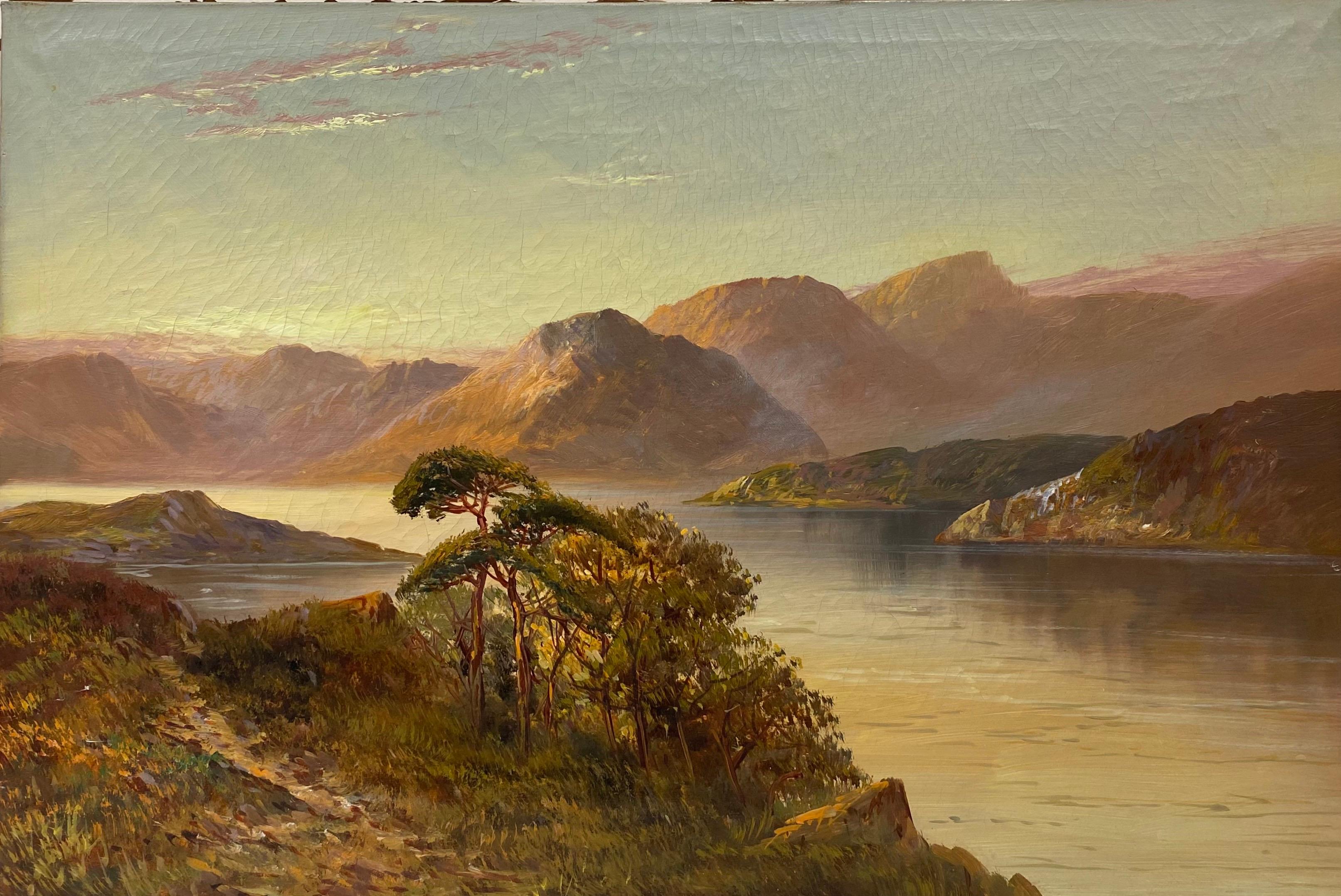 Francis E. Jamieson Figurative Painting - Antique Scottish Highlands Oil Painting Sunset Extensive Loch Landscape Scene