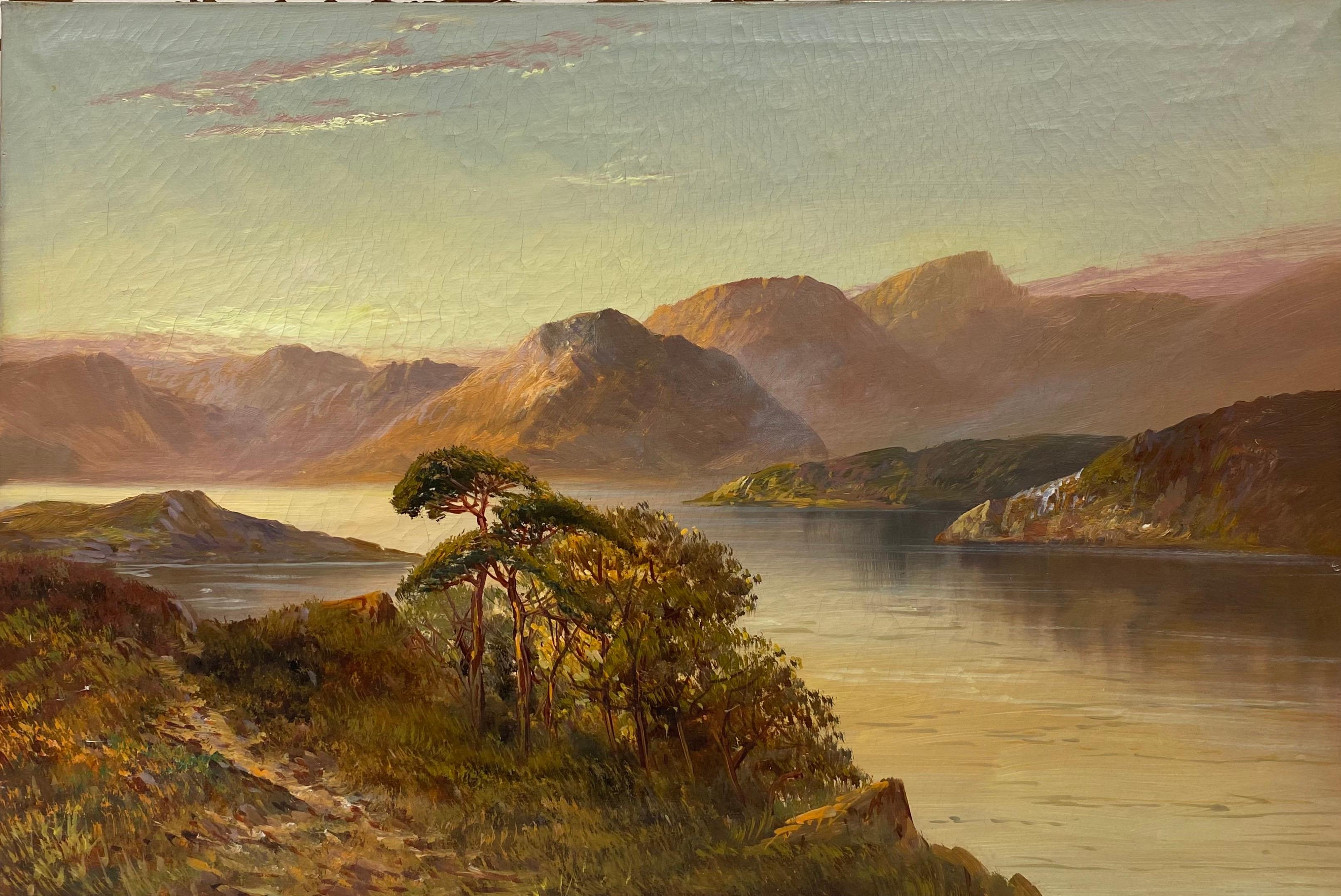 Figurative Painting de Francis E. Jamieson - Antigua Pintura al Óleo de las Tierras Altas Escocesas Puesta de Sol Extensa Escena de Paisaje en un Loch