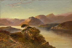 Antique Scottish Highlands Oil Painting Sunset Extensive Loch Landscape Scene