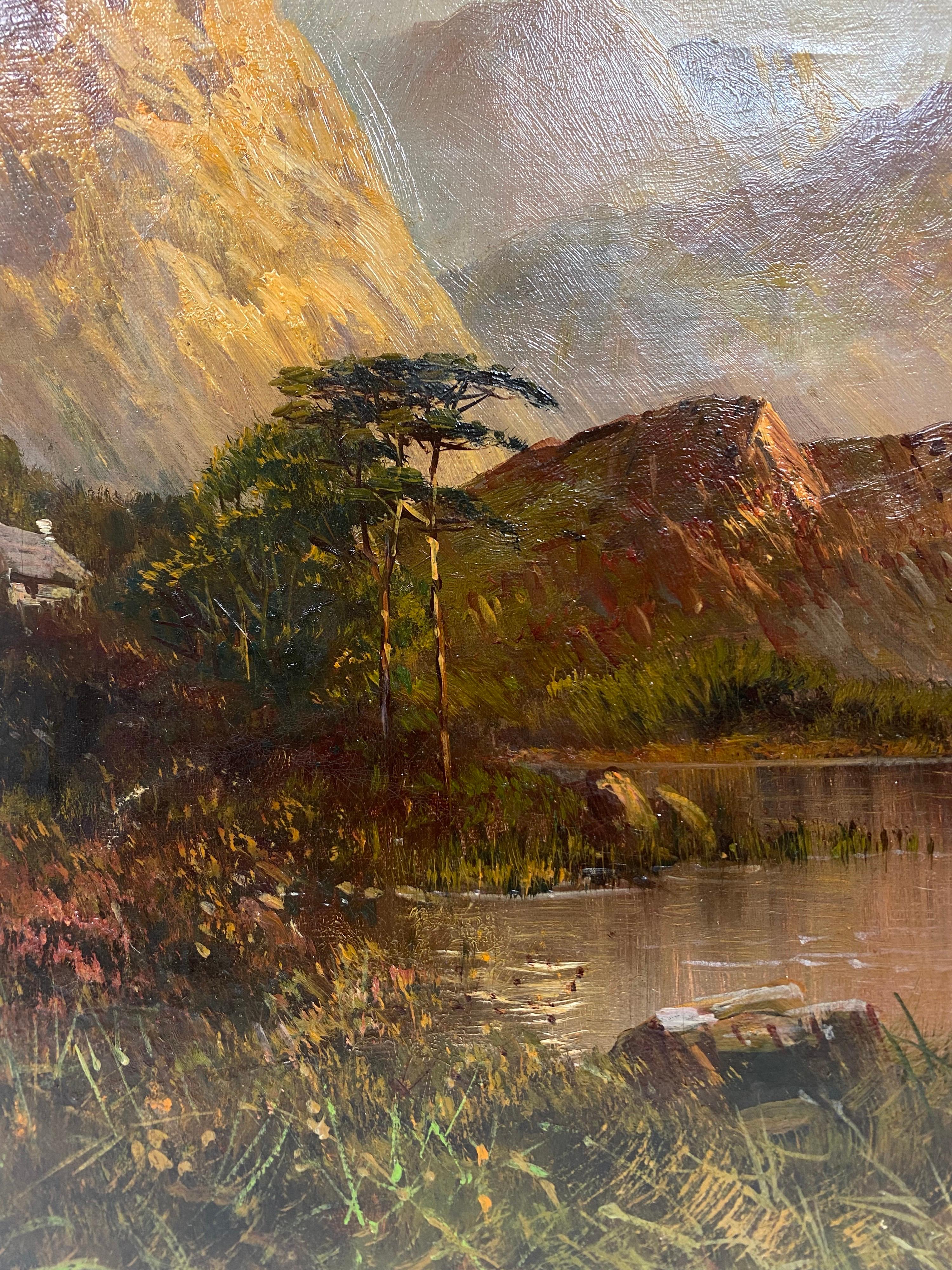 Antique Scottish Highlands Oil Painting Sunset Landscape with Mountains - Brown Figurative Painting by Francis E. Jamieson