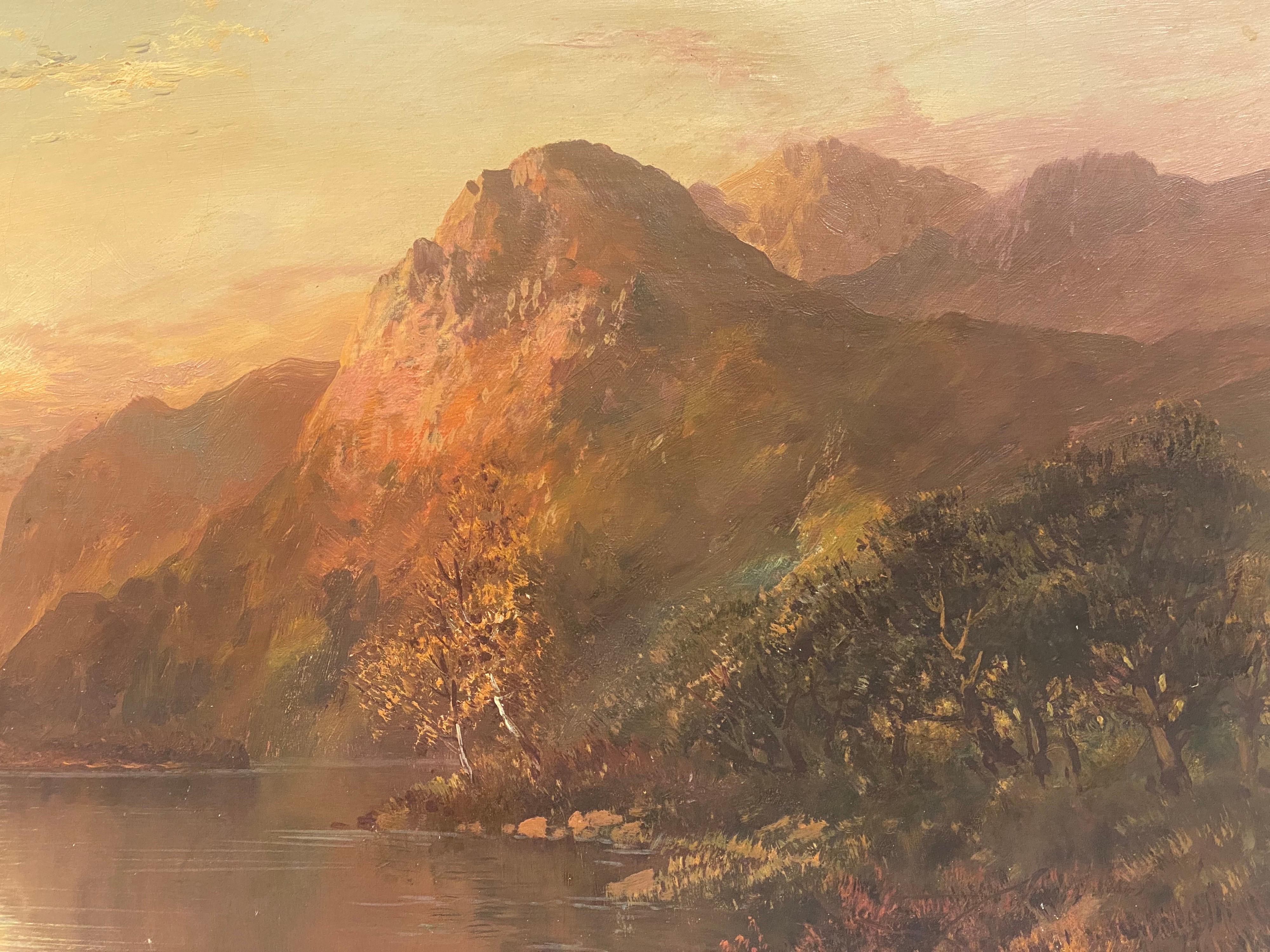 Antiguo cuadro al óleo de las Tierras Altas de Escocia Paisaje al atardecer en un lago con montañas - Painting de Francis E. Jamieson