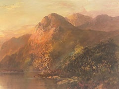 Peinture à l'huile ancienne des Highlands écossais Paysage de Loch au coucher du soleil avec montagnes