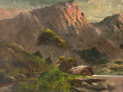 Antique Scottish Highlands Oil Painting Sunset Loch landscape with Mountains