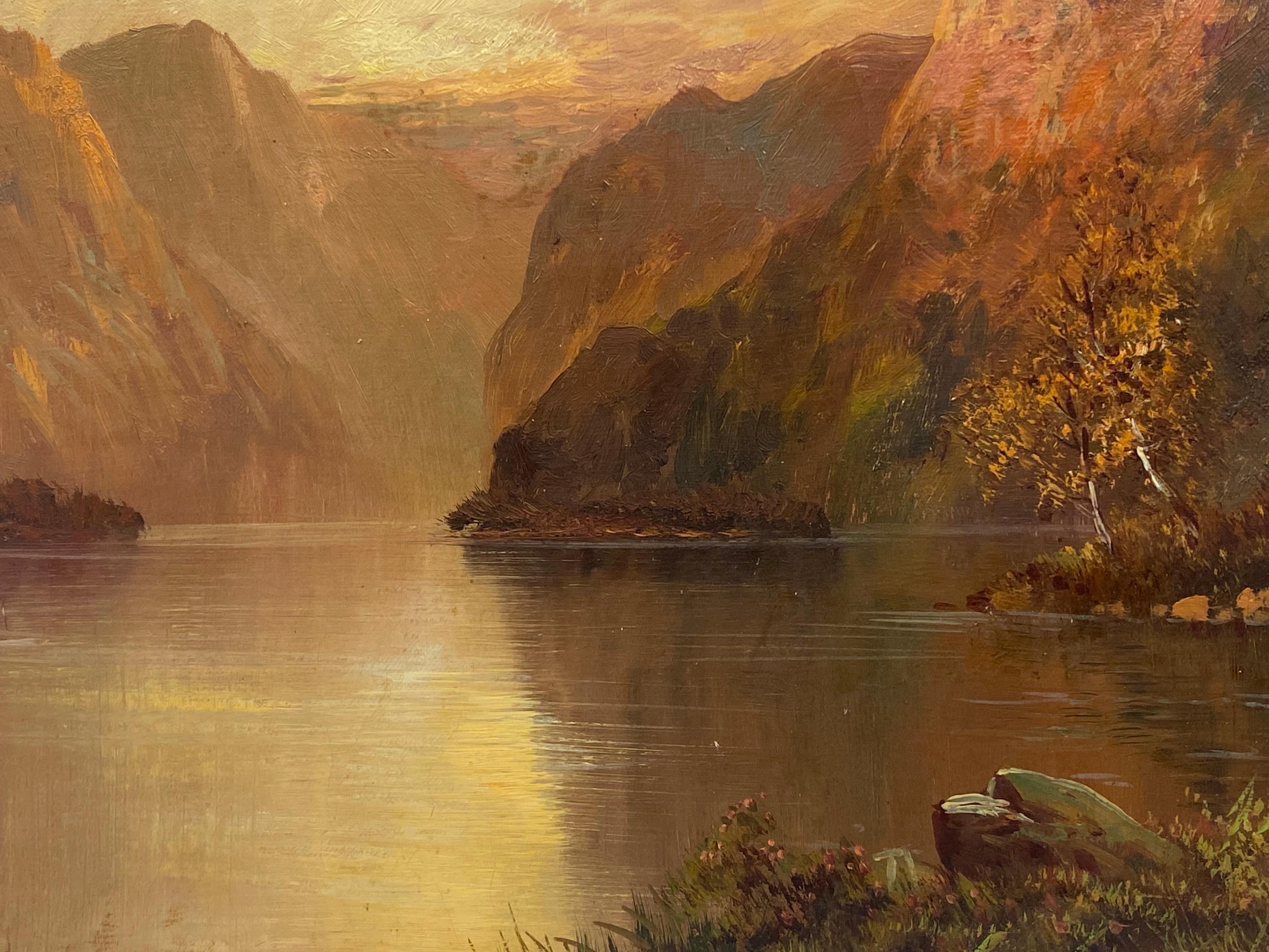 Antiguo cuadro al óleo de las Tierras Altas de Escocia Paisaje al atardecer en un lago con montañas - Landscape Painting Marrón de Francis E. Jamieson