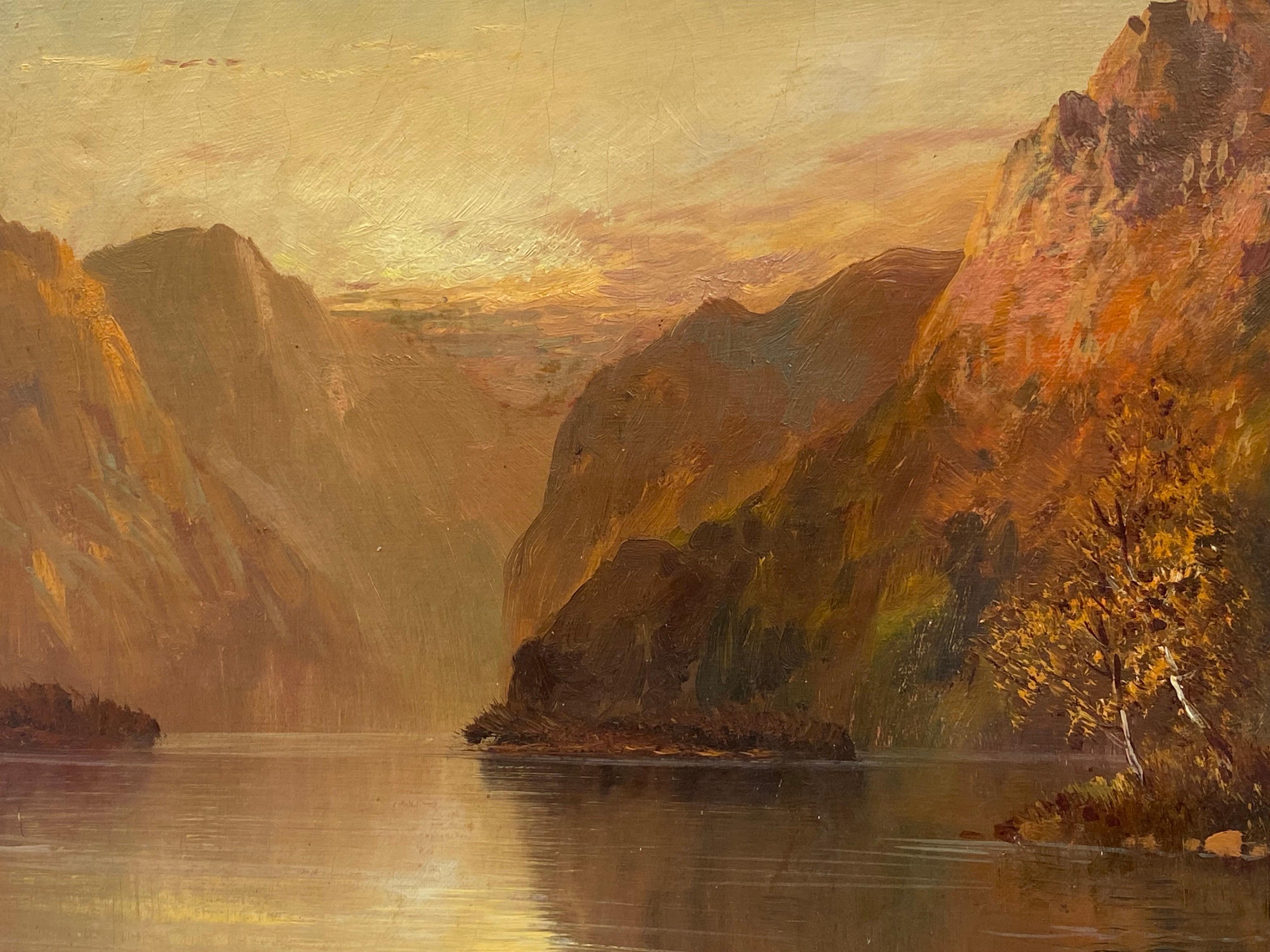 Antique Scottish Highlands Oil Painting Sunset Loch Landscape with Mountains - Brown Landscape Painting by Francis E. Jamieson