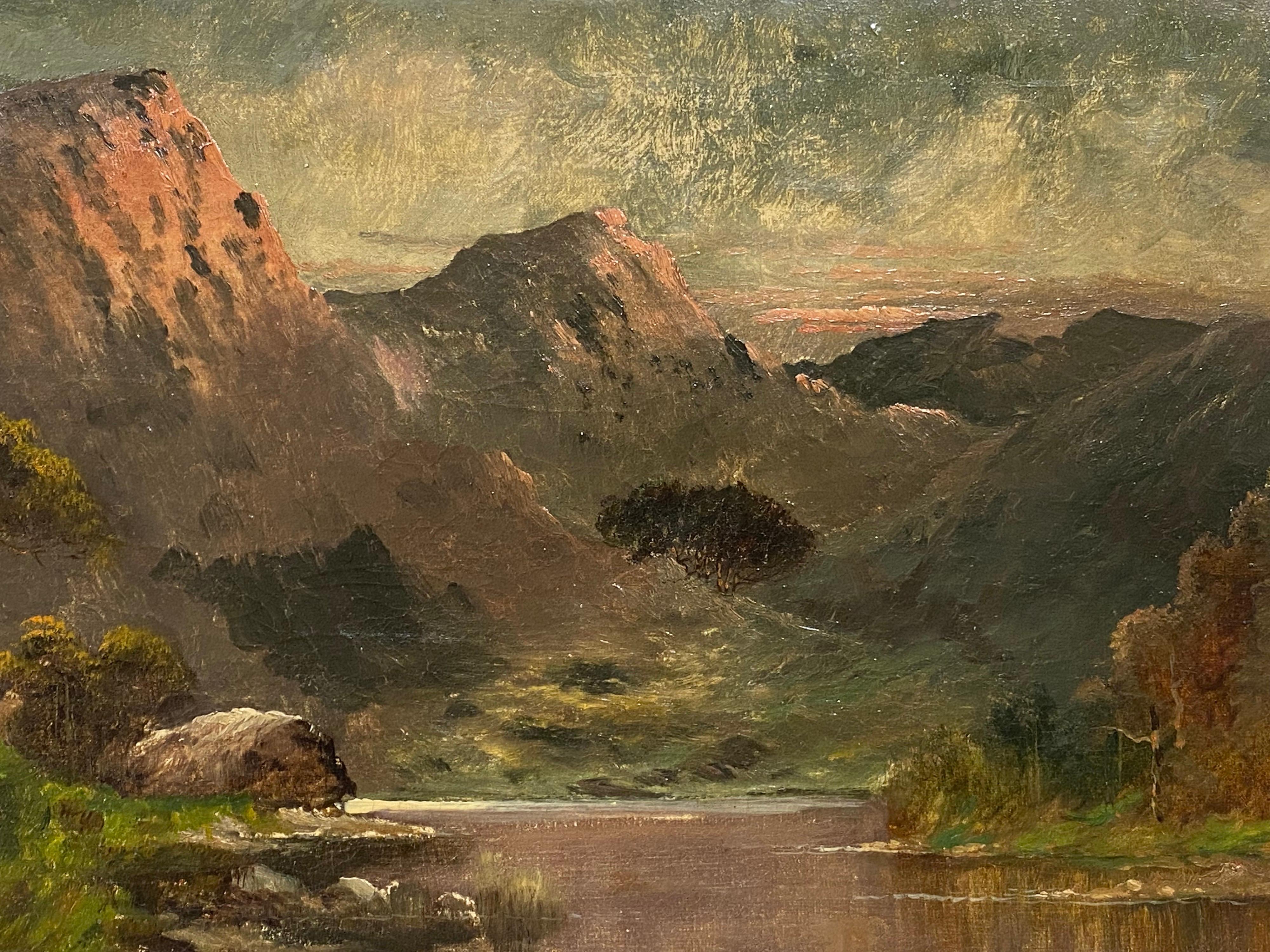 Antique Scottish Highlands Oil Painting Sunset Loch landscape with Mountains - Brown Figurative Painting by Francis E. Jamieson