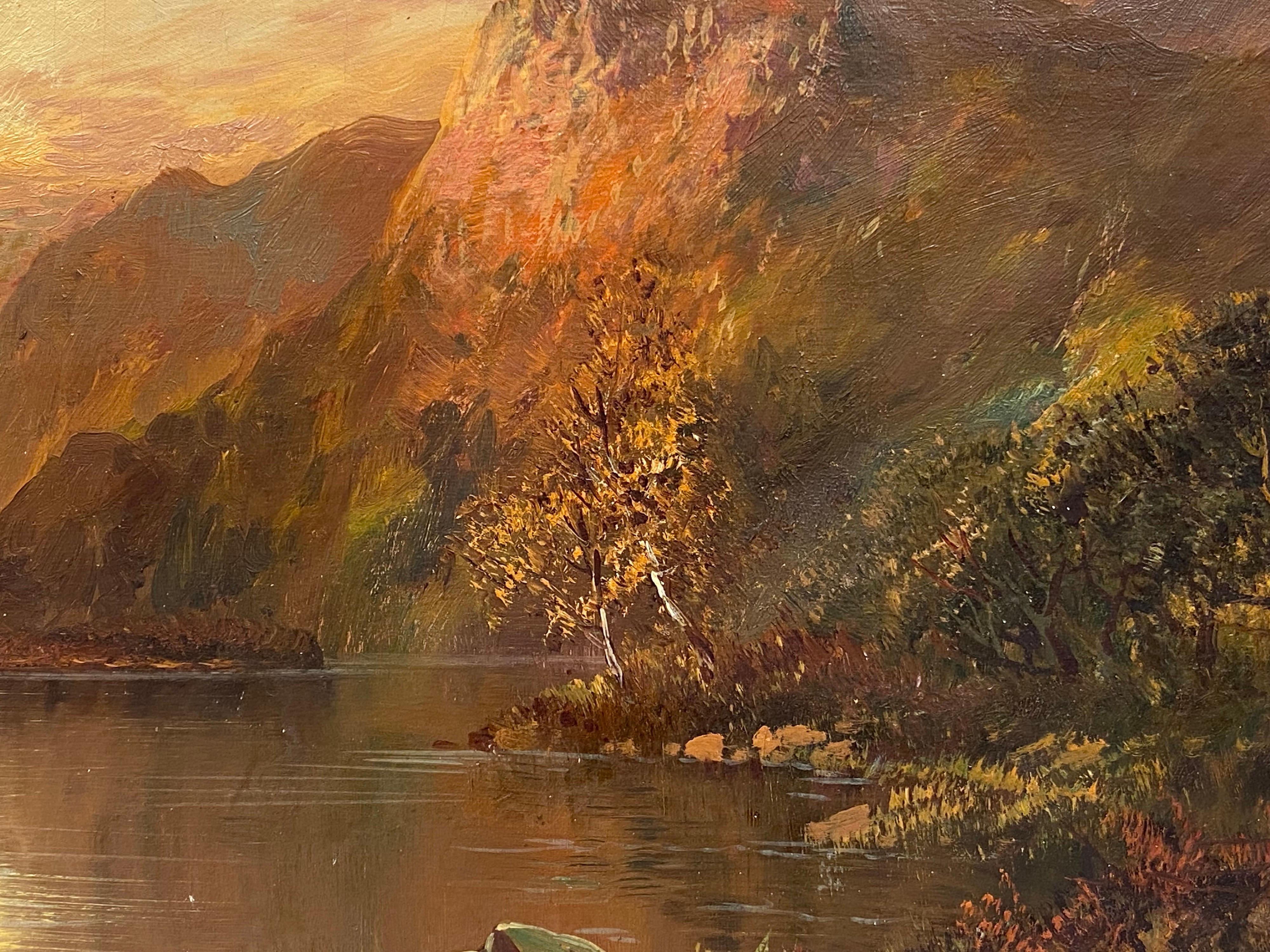 Antiguo cuadro al óleo de las Tierras Altas de Escocia Paisaje al atardecer en un lago con montañas en venta 1