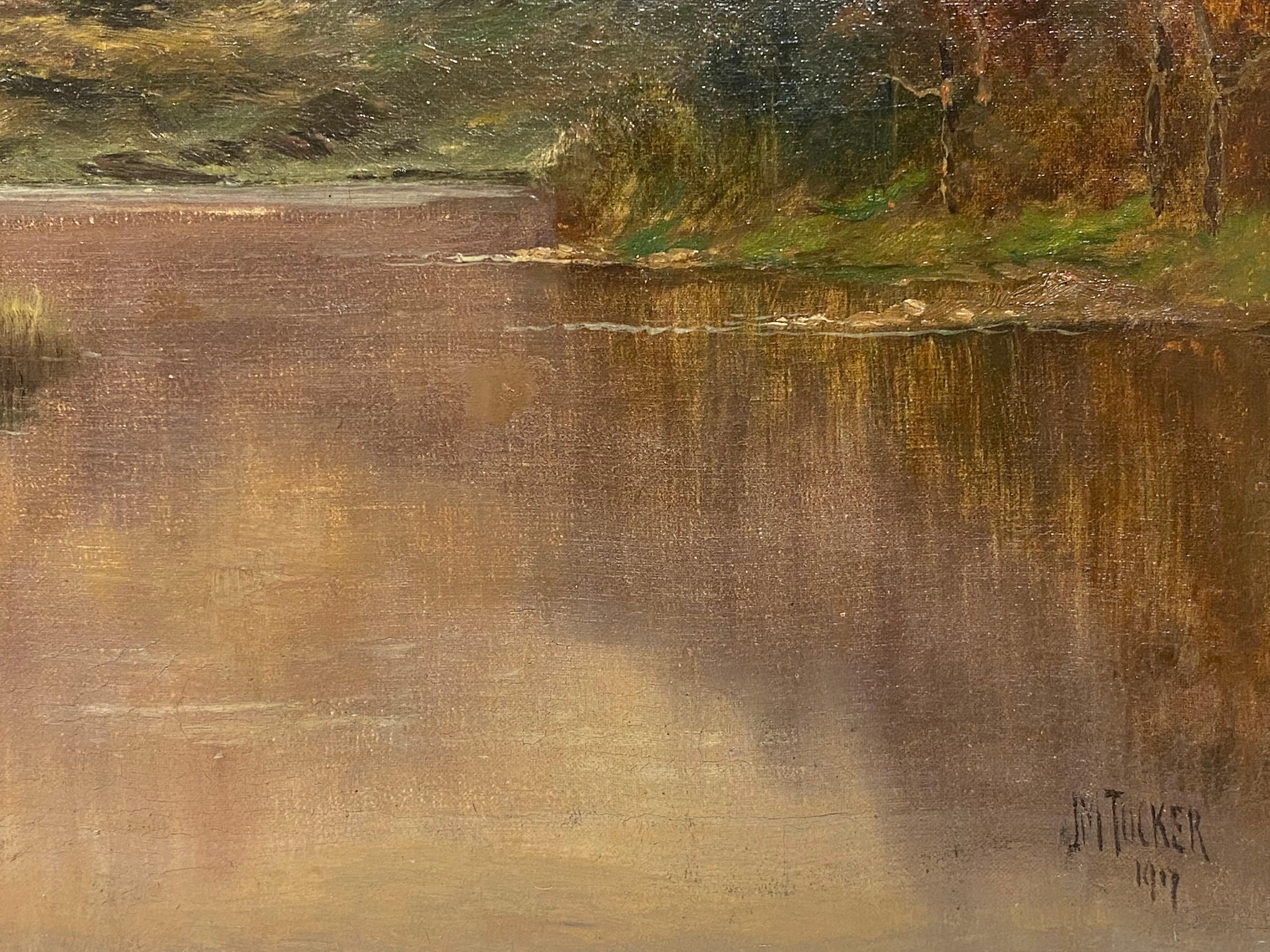 Pintura al Óleo Antigua de las Tierras Altas Escocesas Paisaje de Loch con Montañas al Atardecer en venta 1