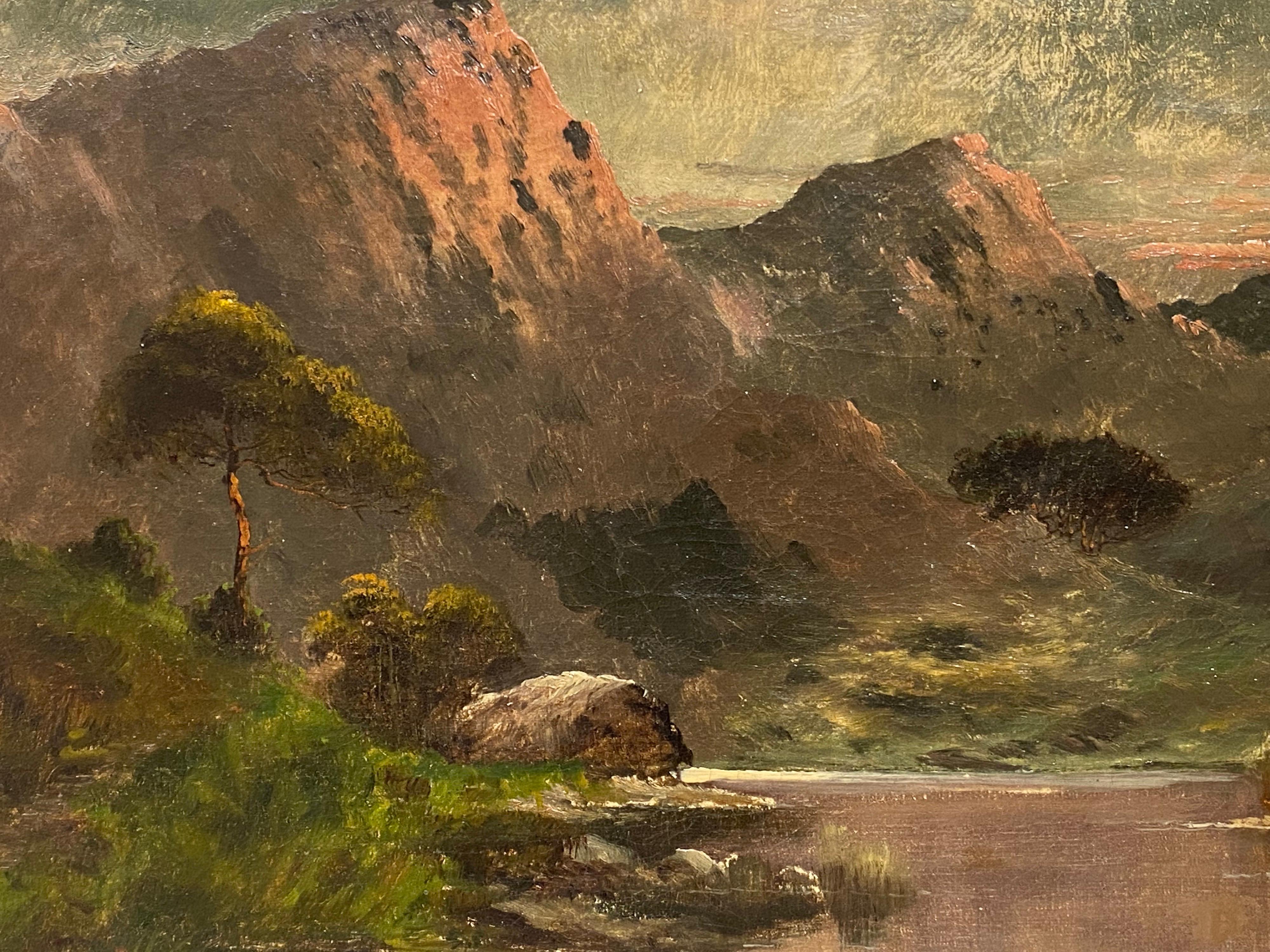 Antique Scottish Highlands Oil Painting Sunset Loch landscape with Mountains For Sale 1