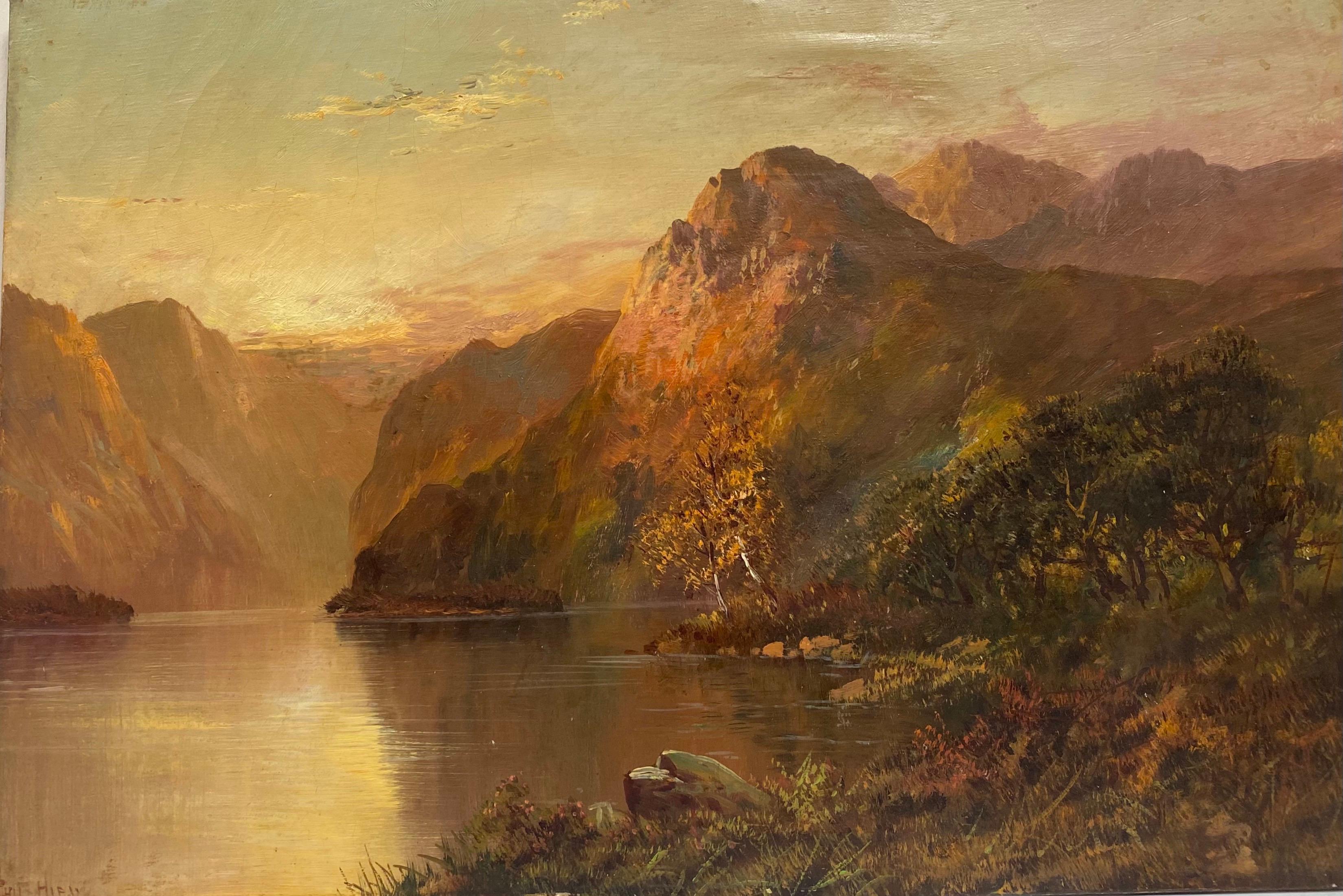 Antique Scottish Highlands Oil Painting Sunset Loch Landscape with Mountains