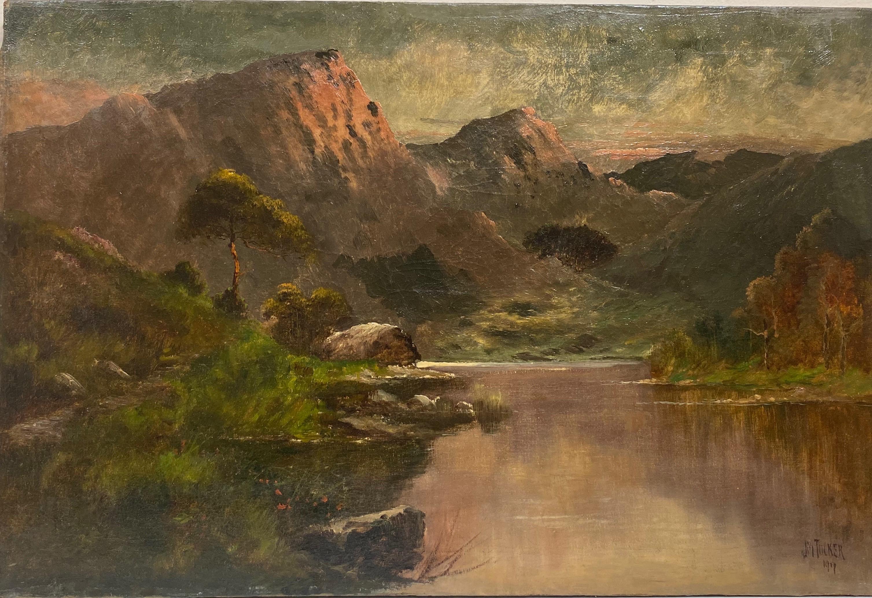 Antique Scottish Highlands Oil Painting Sunset Loch landscape with Mountains