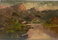 Peinture à l'huile ancienne des Highlands écossais paysage de Loch au coucher du soleil avec montagnes