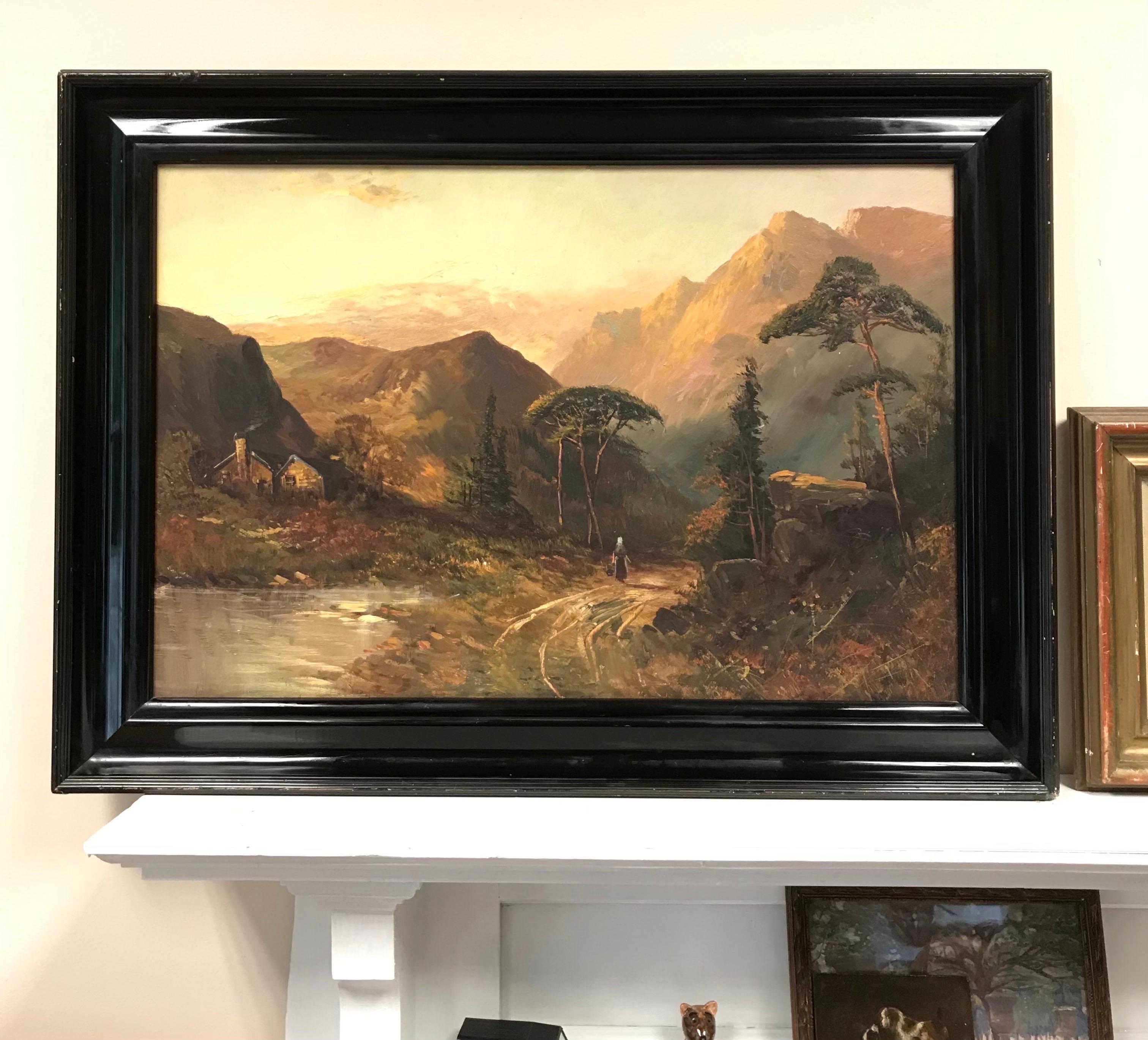 Antique Scottish Highlands Oil Painting Sunset Mountain Figure in River Glen - Brown Landscape Painting by Francis E. Jamieson
