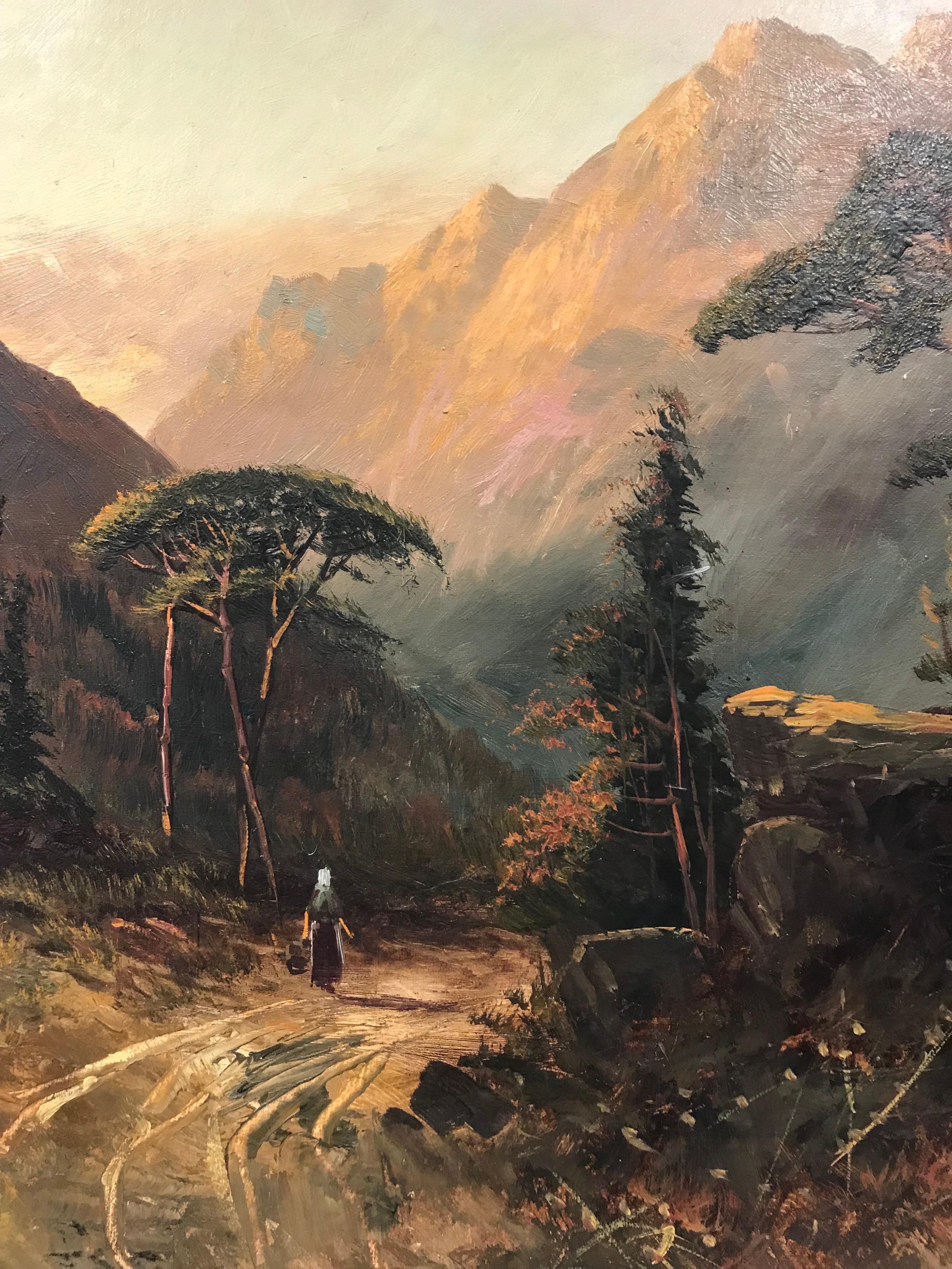 Artist/ School: F. E. Jamieson (British 1895-1950)

Title: Figure walking in the Scottish Highlands, sunset river glen. 

Medium: oil painting on canvas laid over board, framed

framed: 23 x 32 inches
painting: 18 x 27 inches

Provenance: private