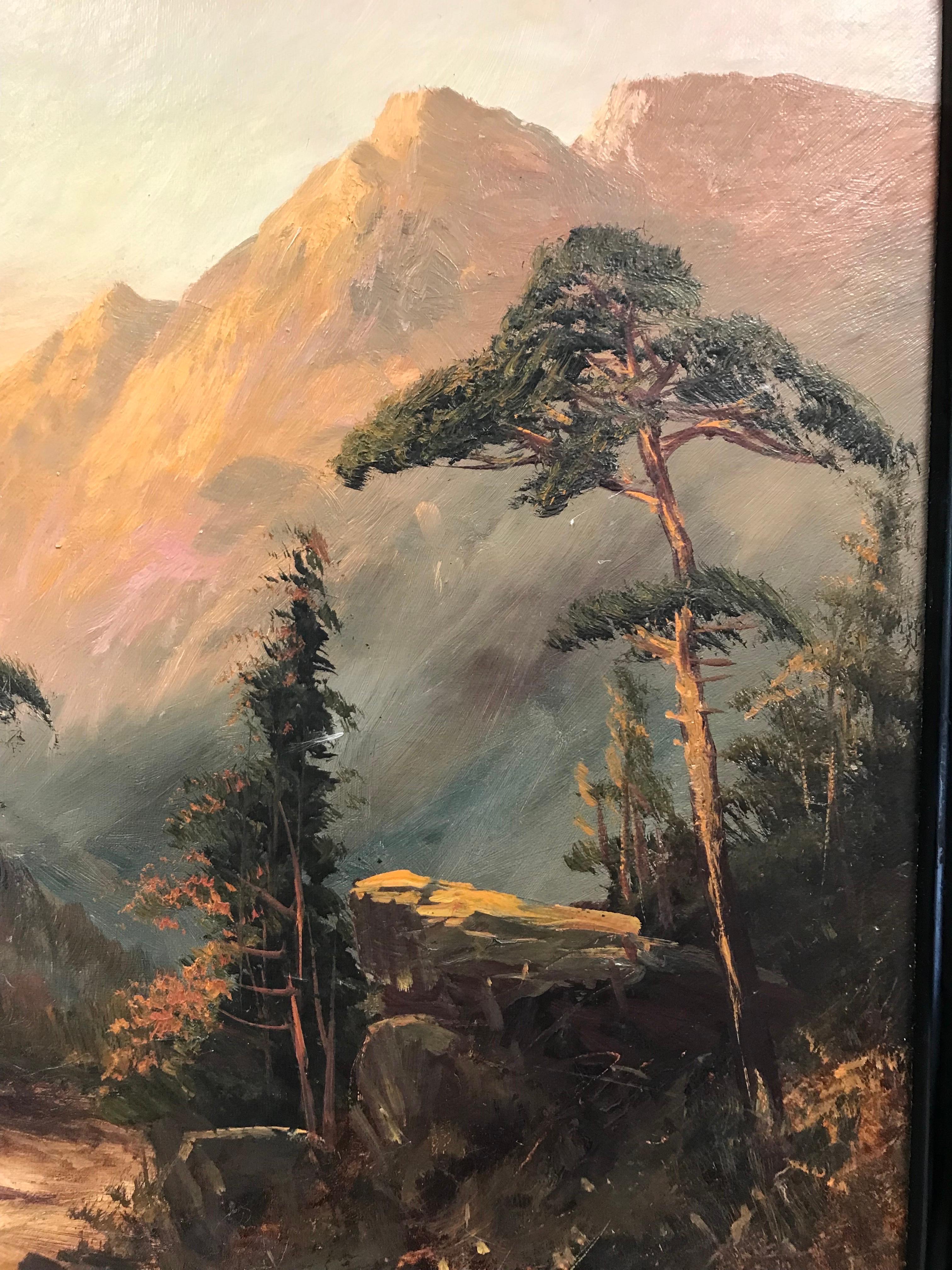 Antique Scottish Highlands Oil Painting Sunset Mountain Figure in River Glen 1