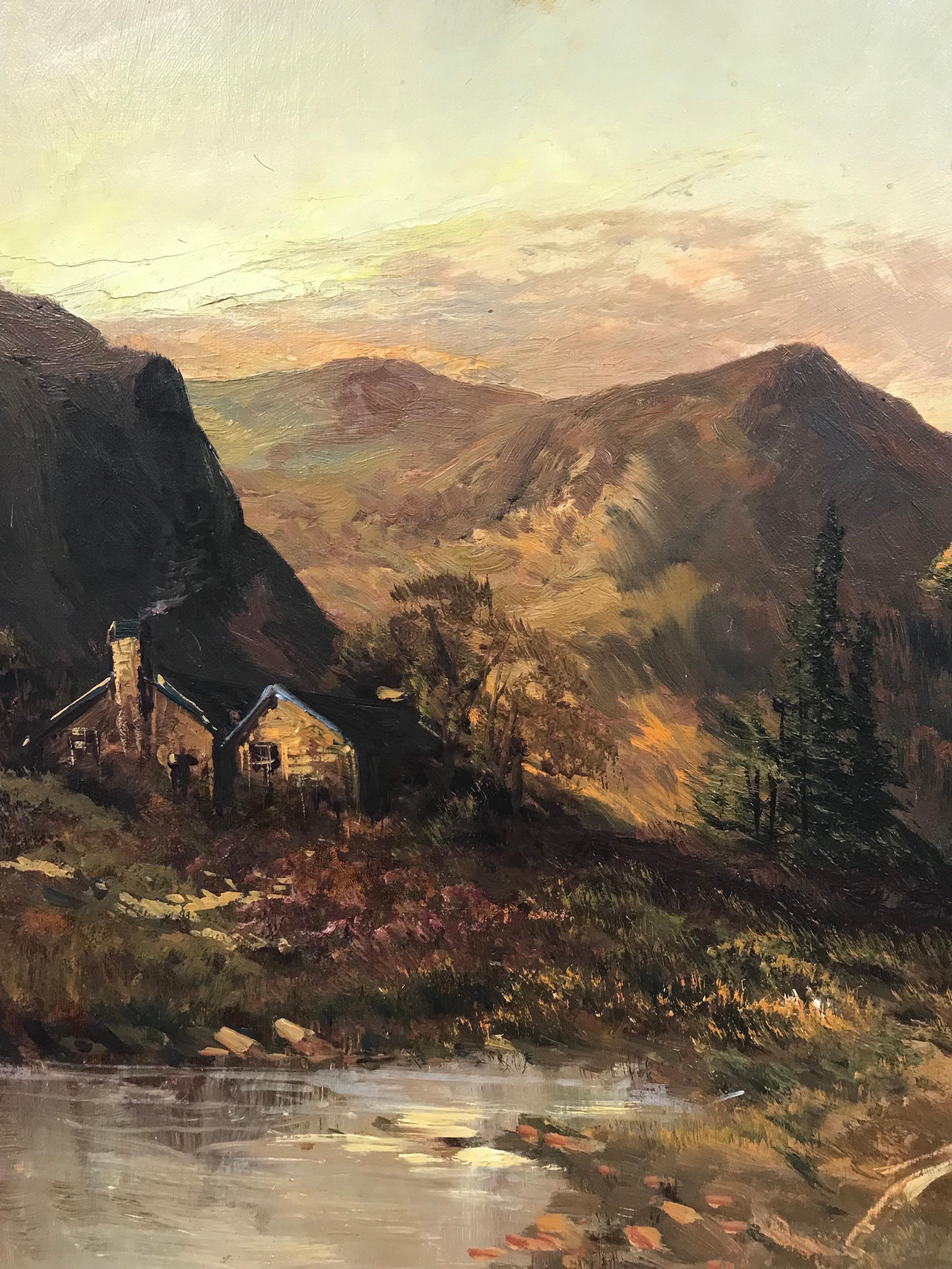 Antique Scottish Highlands Oil Painting Sunset Mountain Figure in River Glen 2