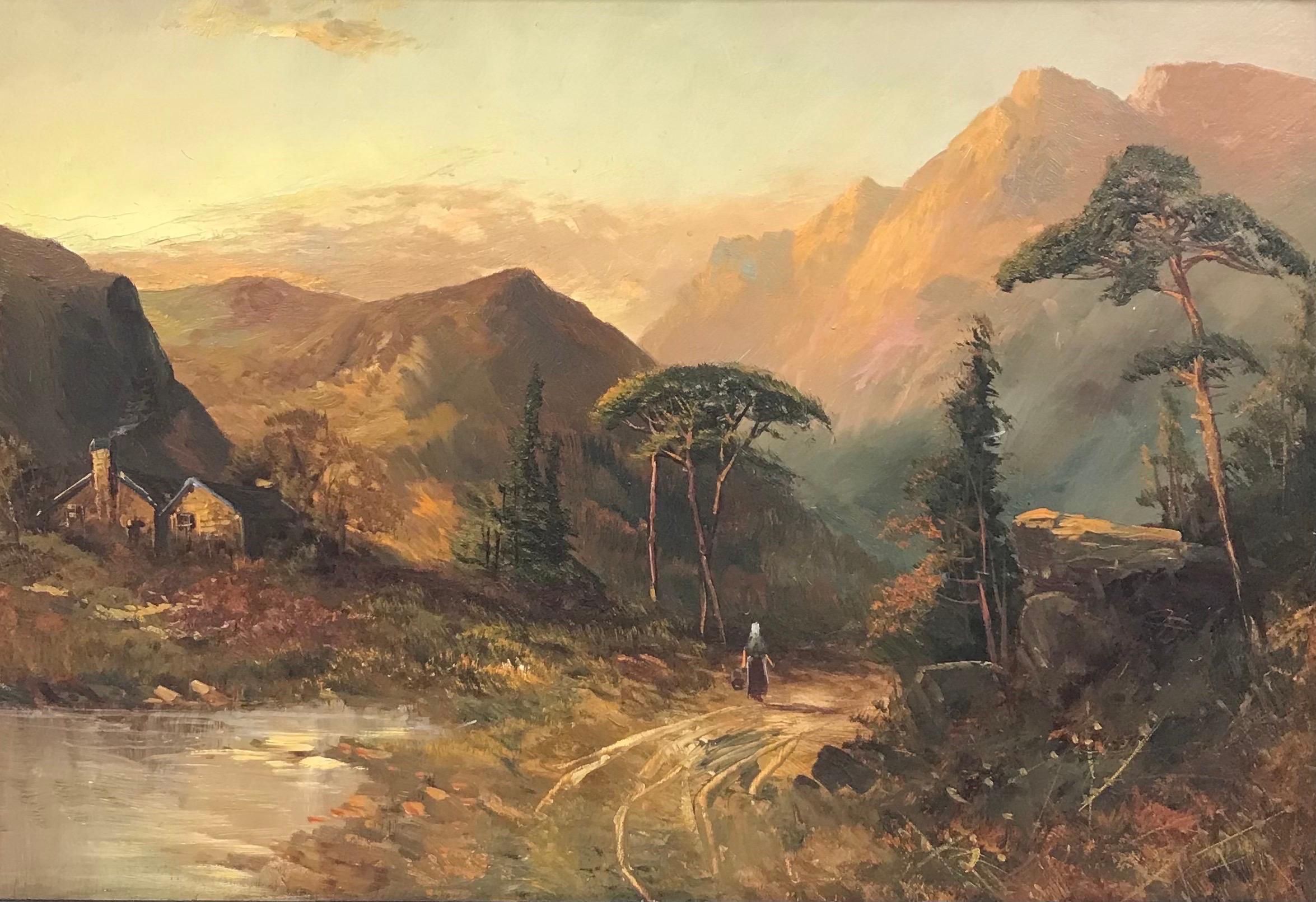 Francis E. Jamieson Landscape Painting - Antique Scottish Highlands Oil Painting Sunset Mountain Figure in River Glen