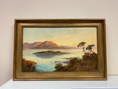 Antique Scottish Highlands Oil Painting Sunset over Loch Lomond, Luss