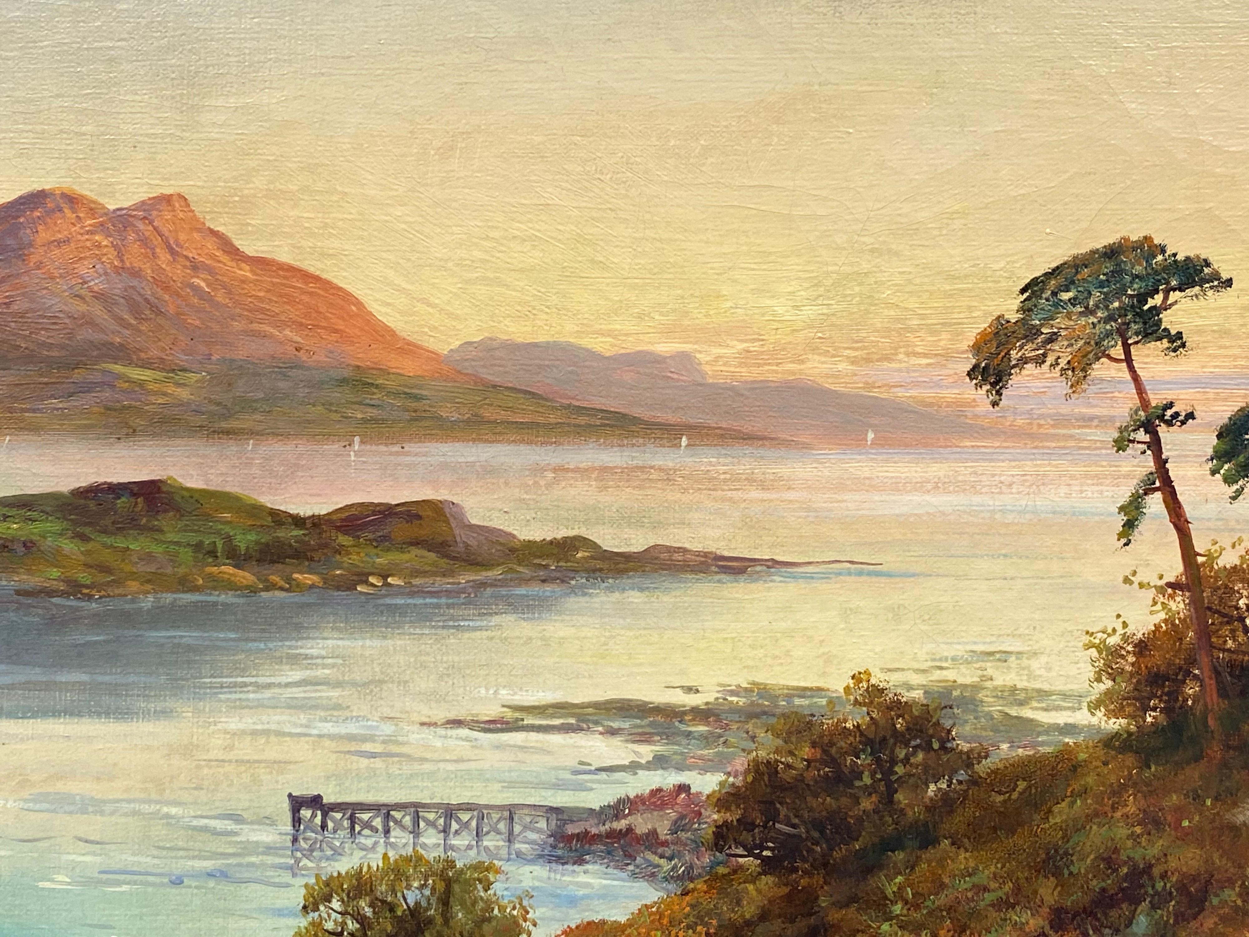 Antique Scottish Highlands Oil Painting Sunset over Loch Lomond, Luss - Beige Figurative Painting by Francis E. Jamieson