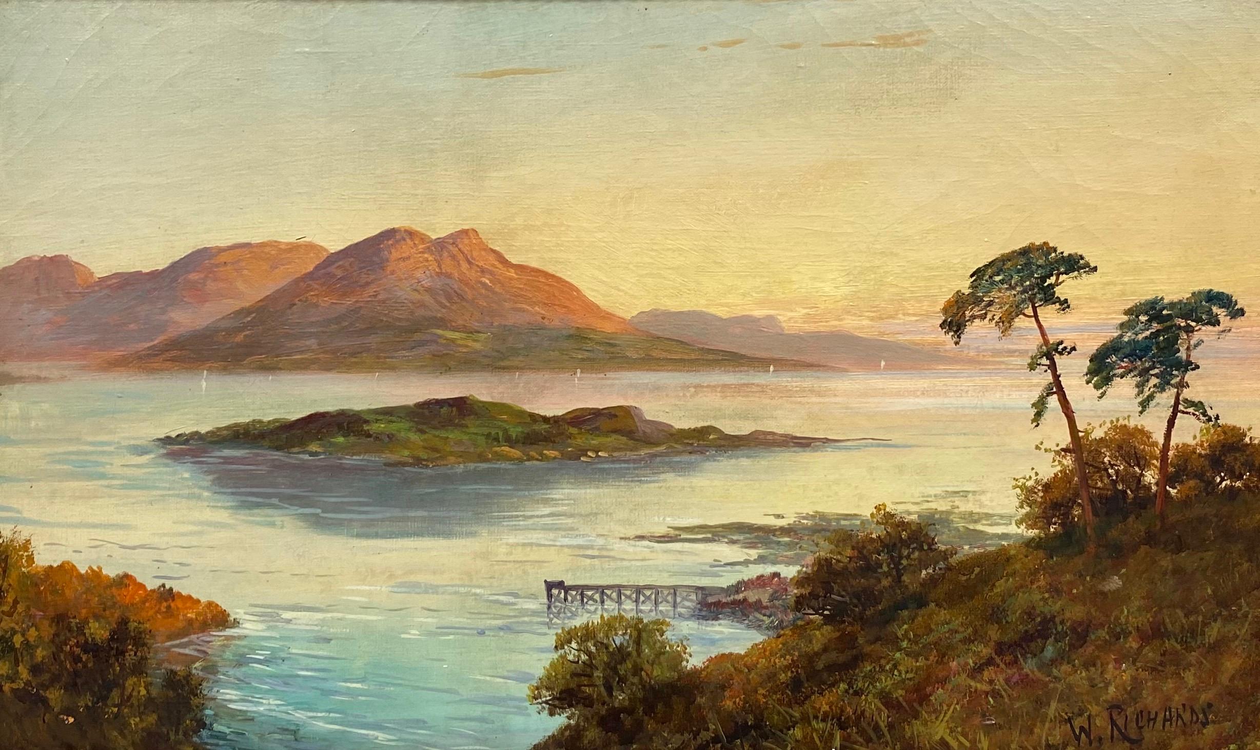 Antique Scottish Highlands Oil Painting Sunset over Loch Lomond, Luss