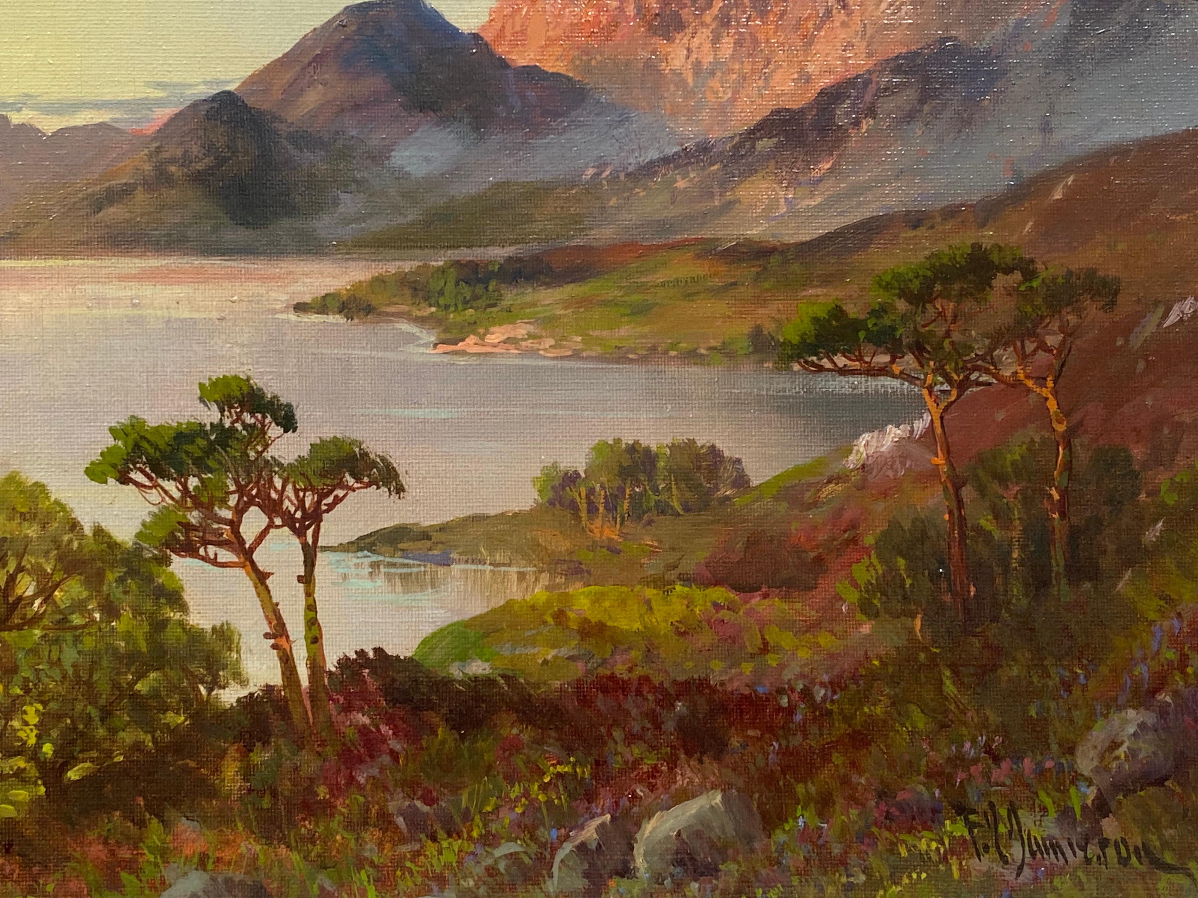 Antique Scottish Highlands Oil Painting Sunset over the Mountain Loch Waters - Brown Figurative Painting by Francis E. Jamieson