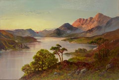 Antique Scottish Highlands Oil Painting Sunset over the Mountain Loch Waters