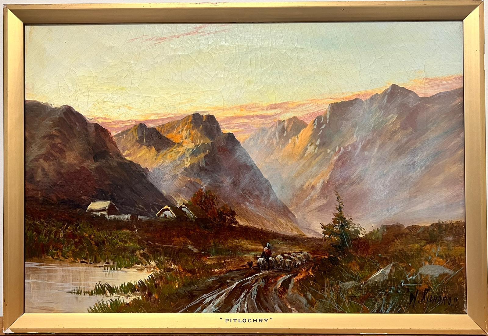 Antique Scottish Highlands Oil Sheep in Sunset Dramatic Scotland Glen Valley - Painting by Francis E. Jamieson