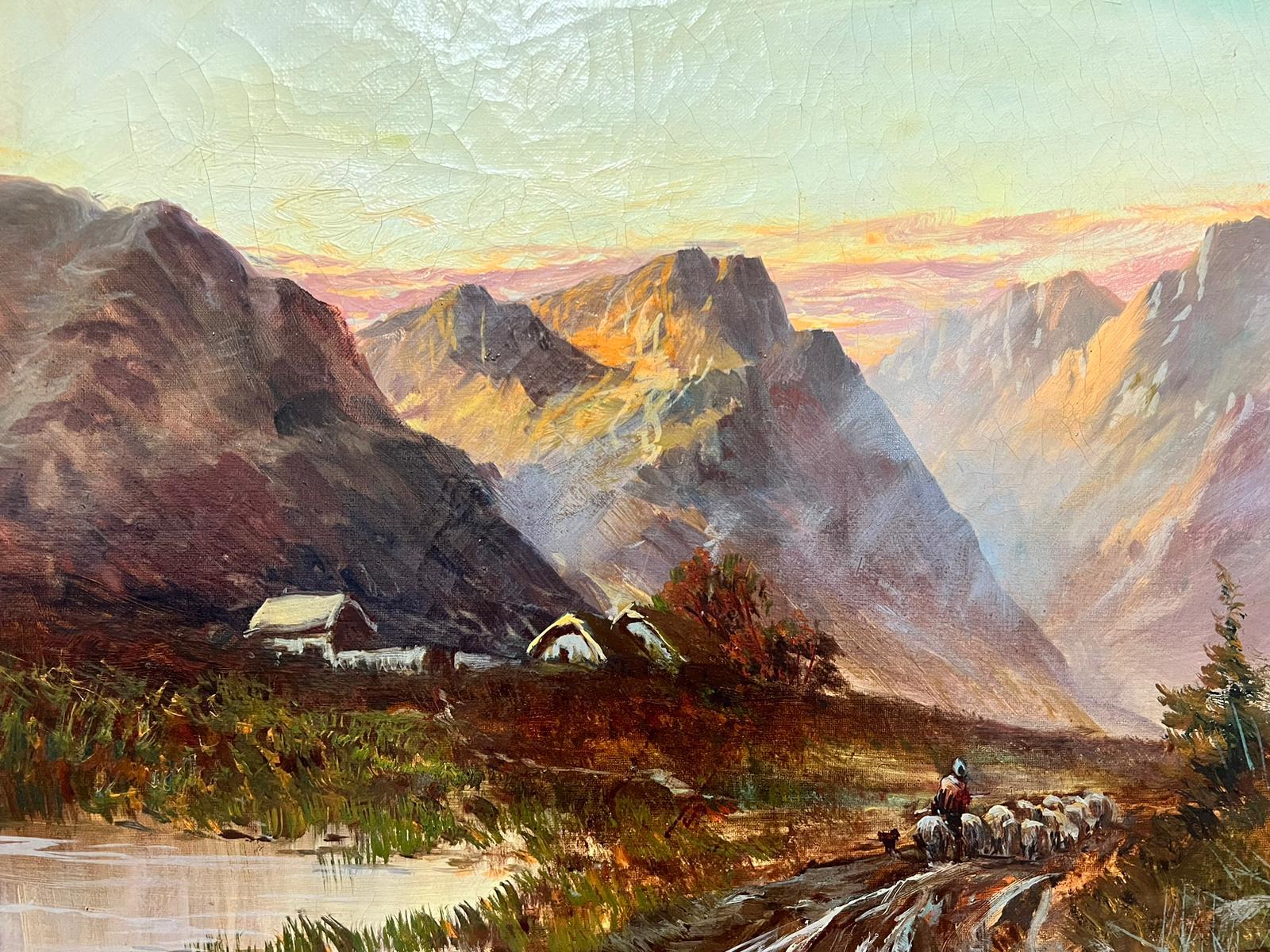 Antique Scottish Highlands Oil Sheep in Sunset Dramatic Scotland Glen Valley - Victorian Painting by Francis E. Jamieson