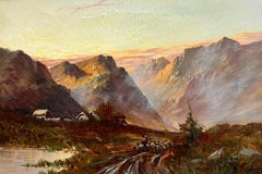 Huile ancienne des Highlands écossais Mouton au coucher du soleil Écosse dramatique Glen Valley