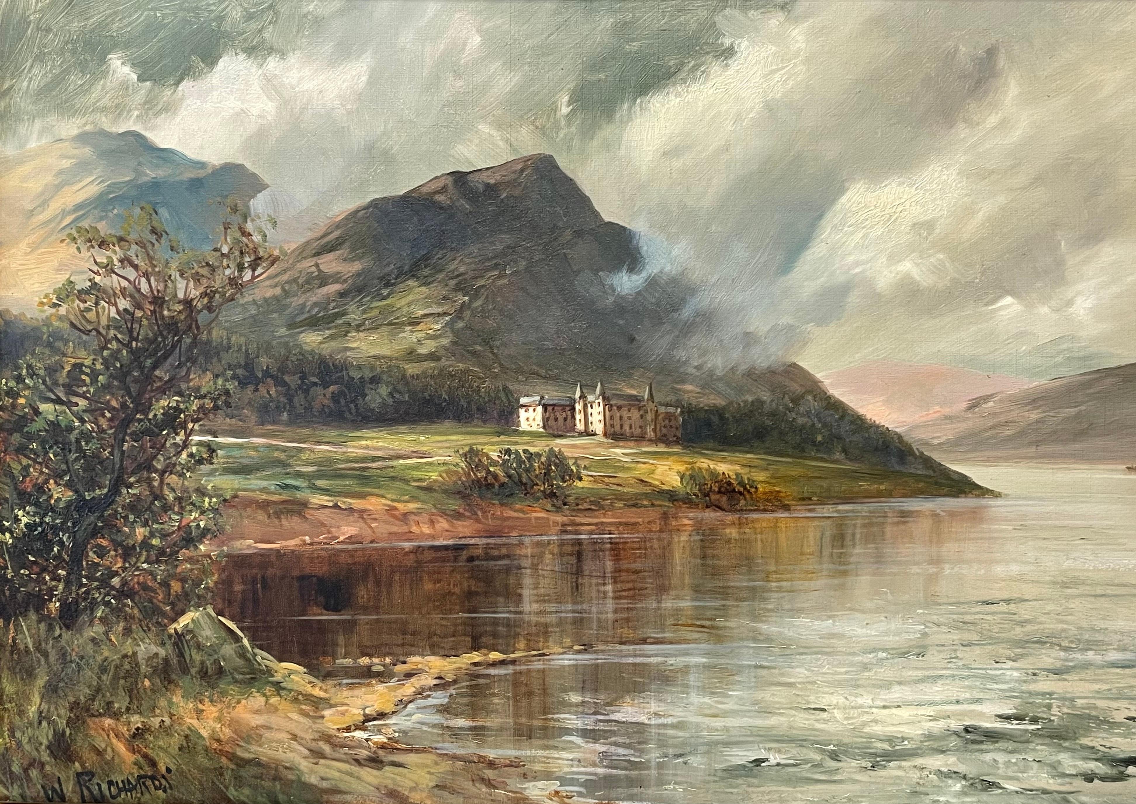 Antiguo cuadro al óleo firmado de las Tierras Altas de Escocia Loch Achray Trossachs Hotel - Painting de Francis E. Jamieson